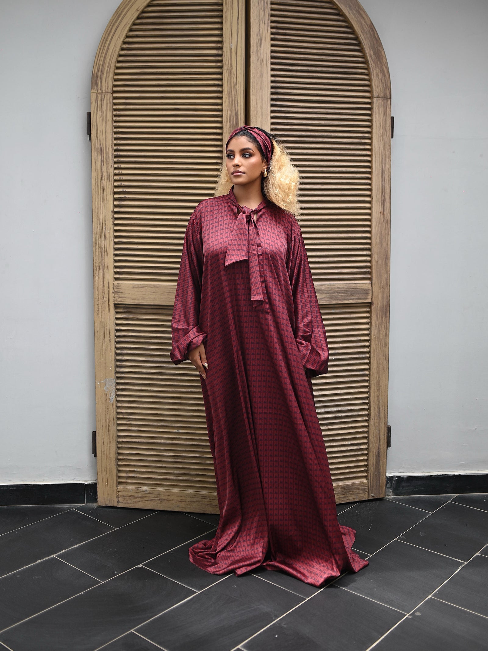 FA BURGUNDY TEXTURED SILK KAFTAN
