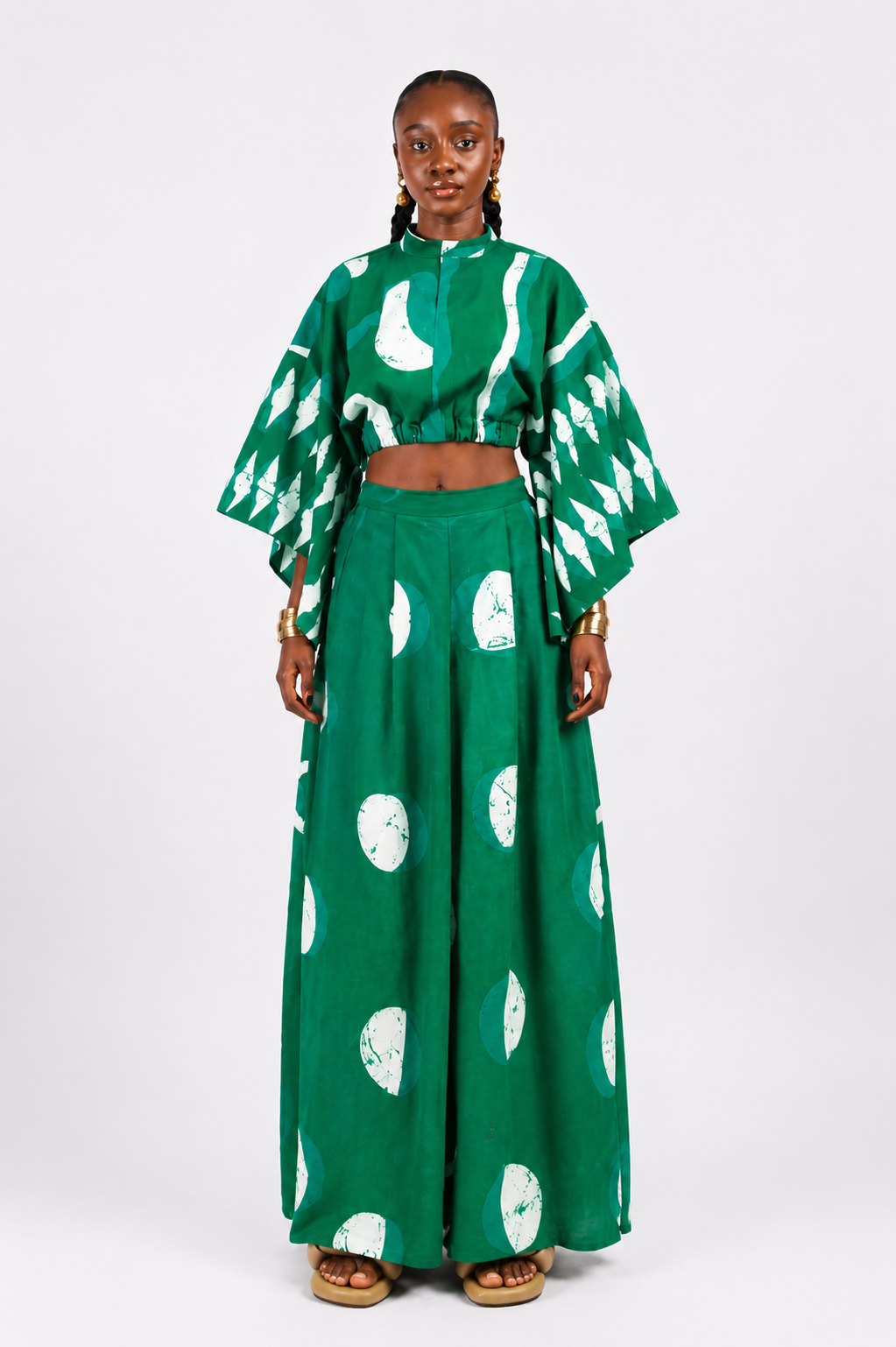white and green multiprint wide leg pants