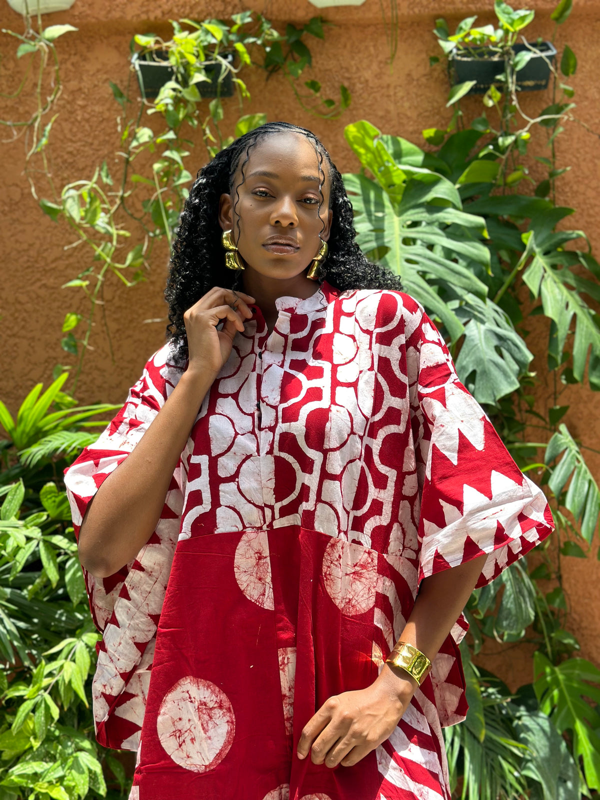 red and white multiprint shirt dress 