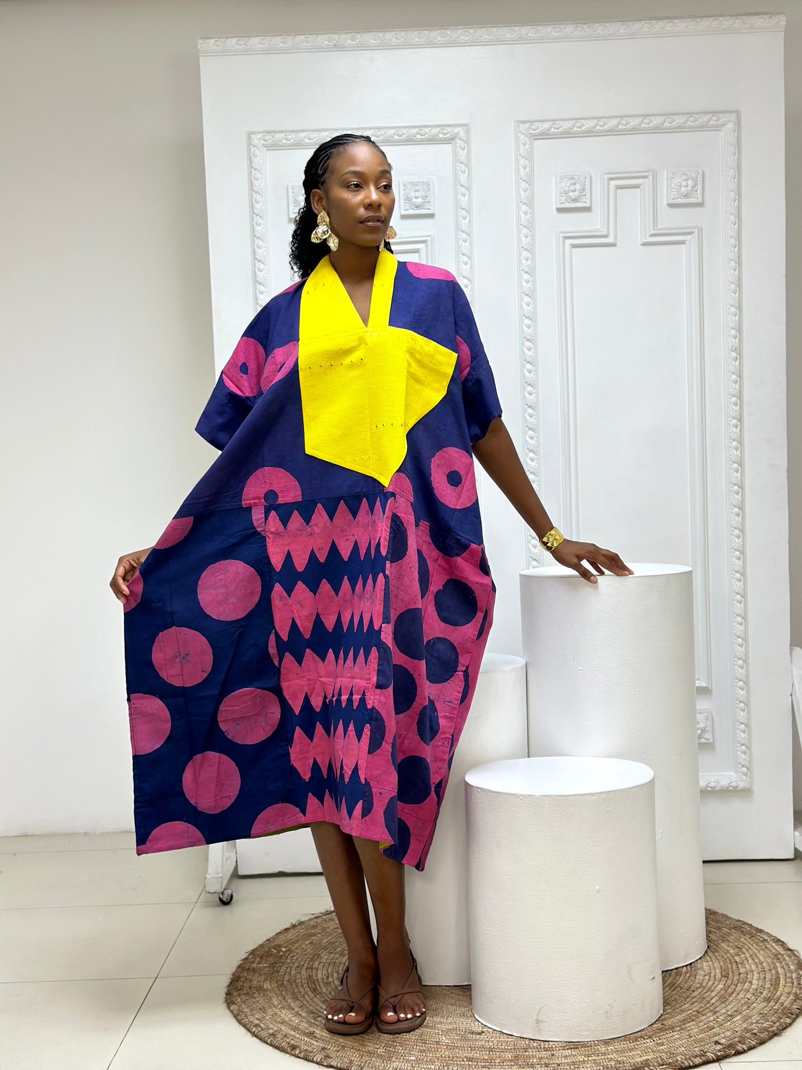 blue and pink multiprint agbada with asooke collar