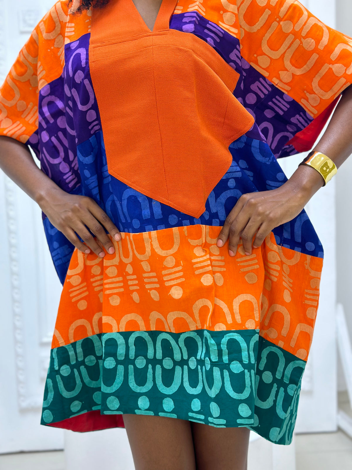 tribal multicolour mini agbada with orange asooke collar 