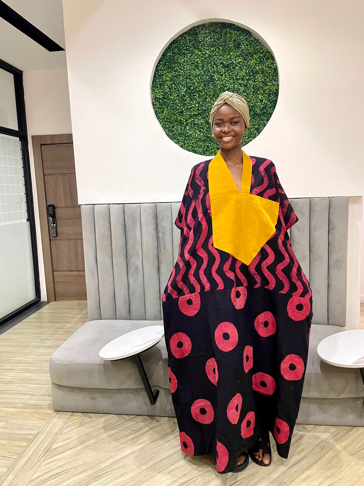 red and black multiprint agbada with mustard asooke