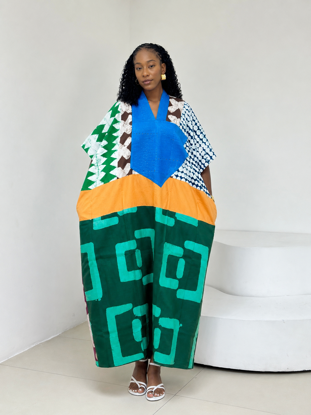 multicolour agbada with green and green bottom and torquoise blue asooke