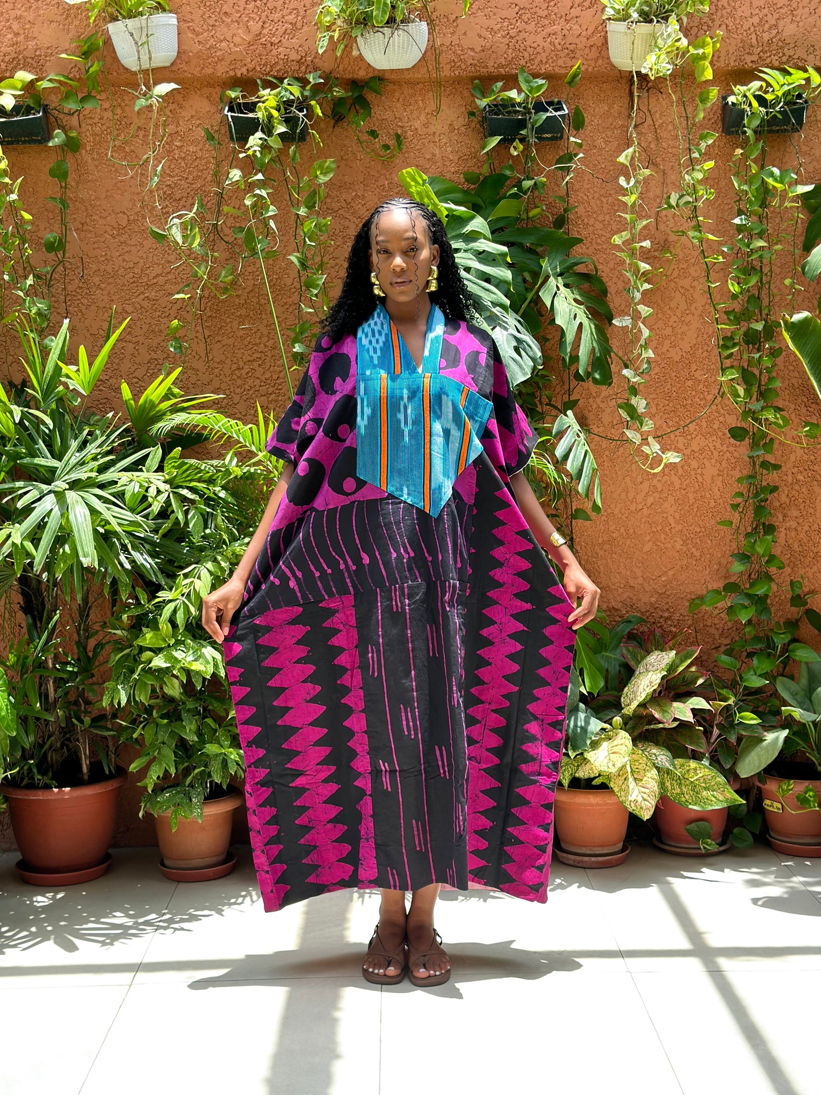 magenta and black multiprint agbada with baule kita collar 