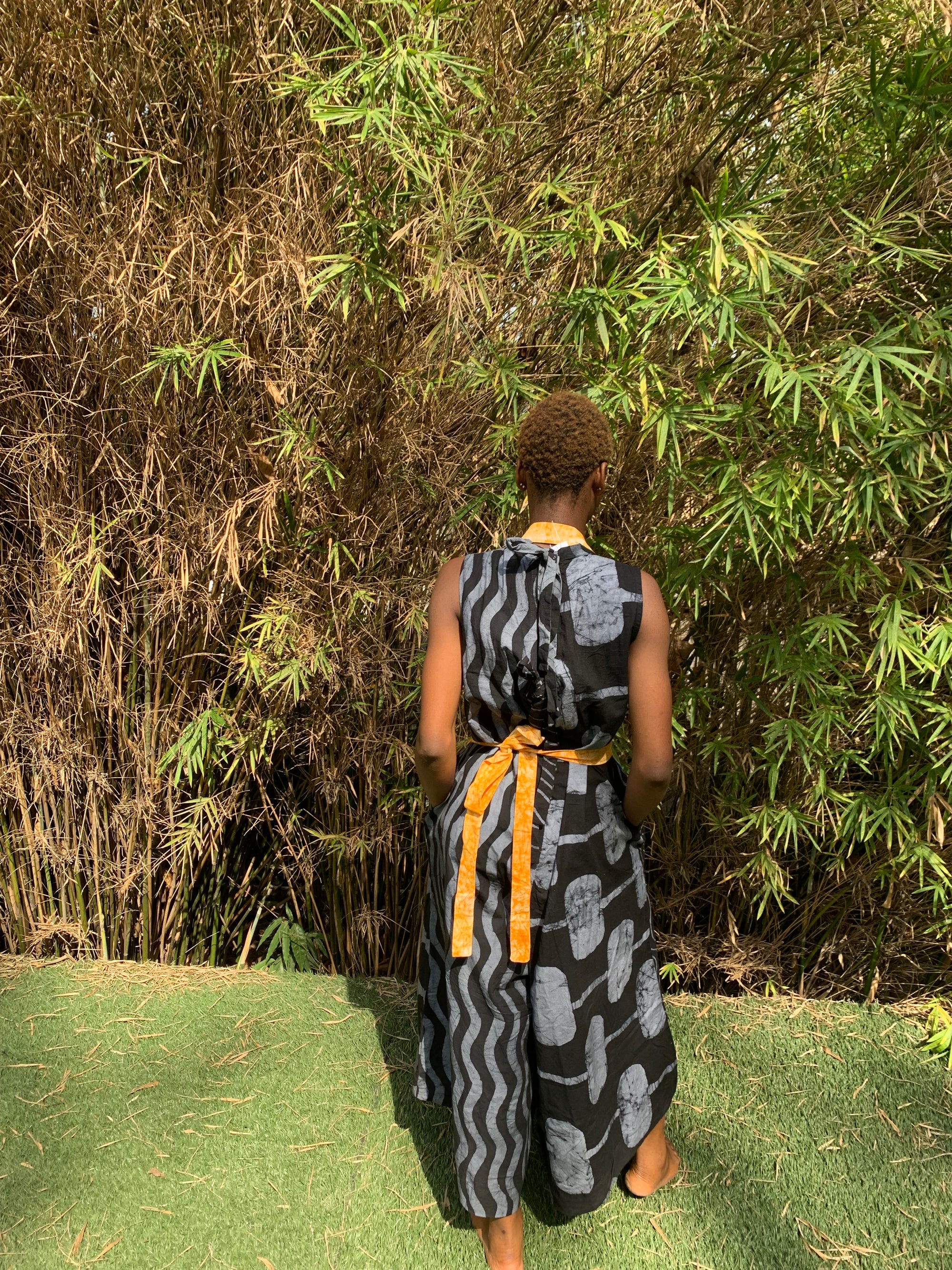 grey and black thin stripe and polka multiprint jumpsuit