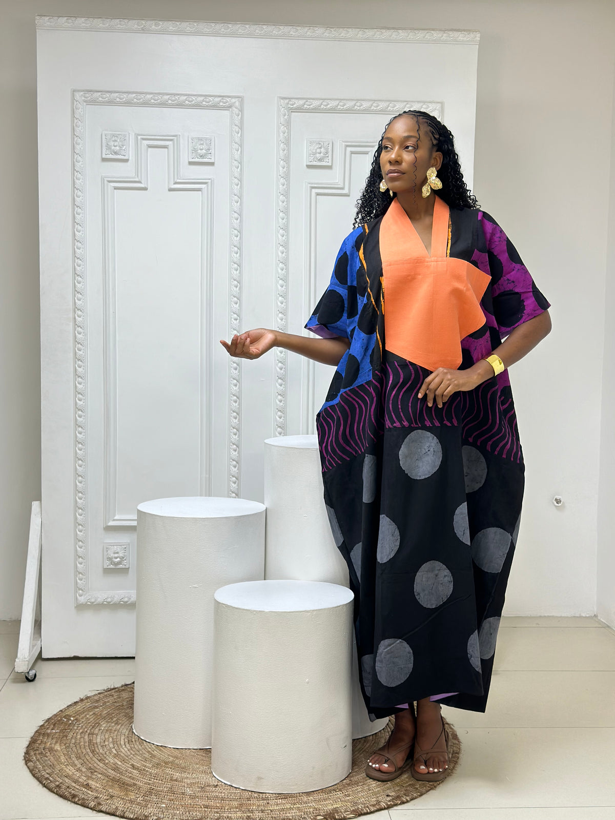 blue and black multicolour agbada with peach asooke 
