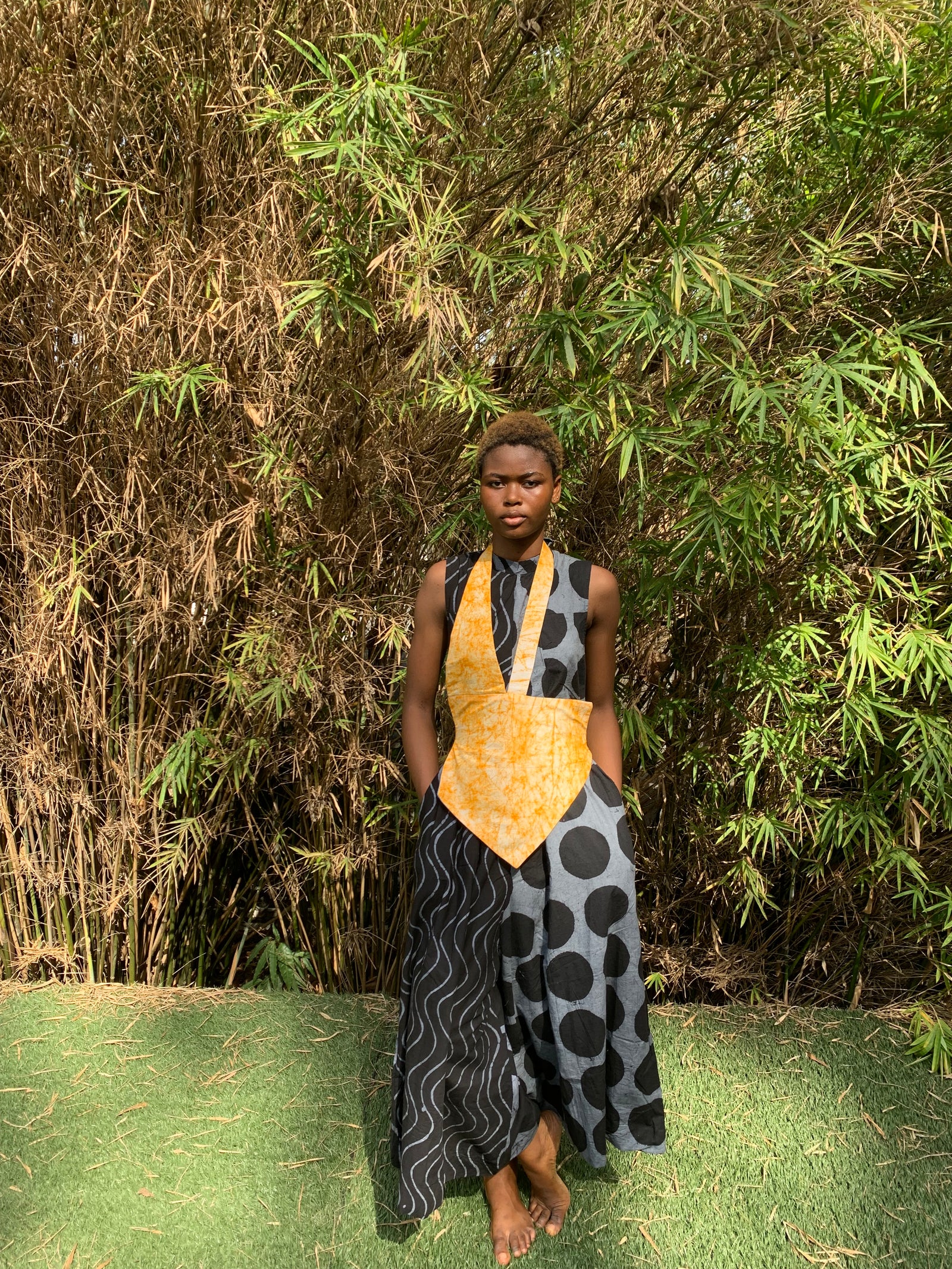 grey and black thin stripe and polka multiprint jumpsuit