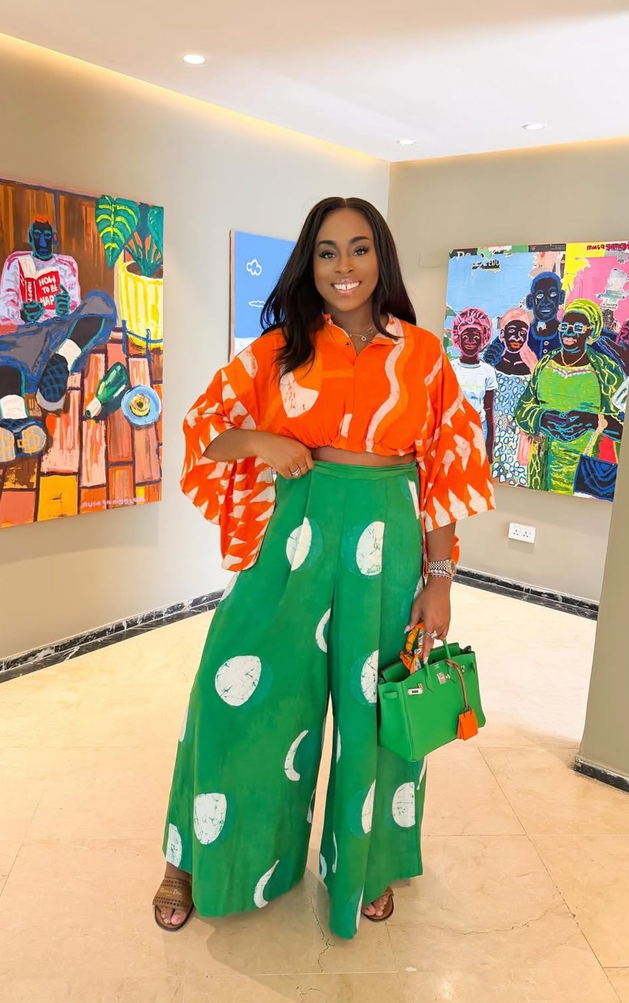 white and green multiprint wide leg pants