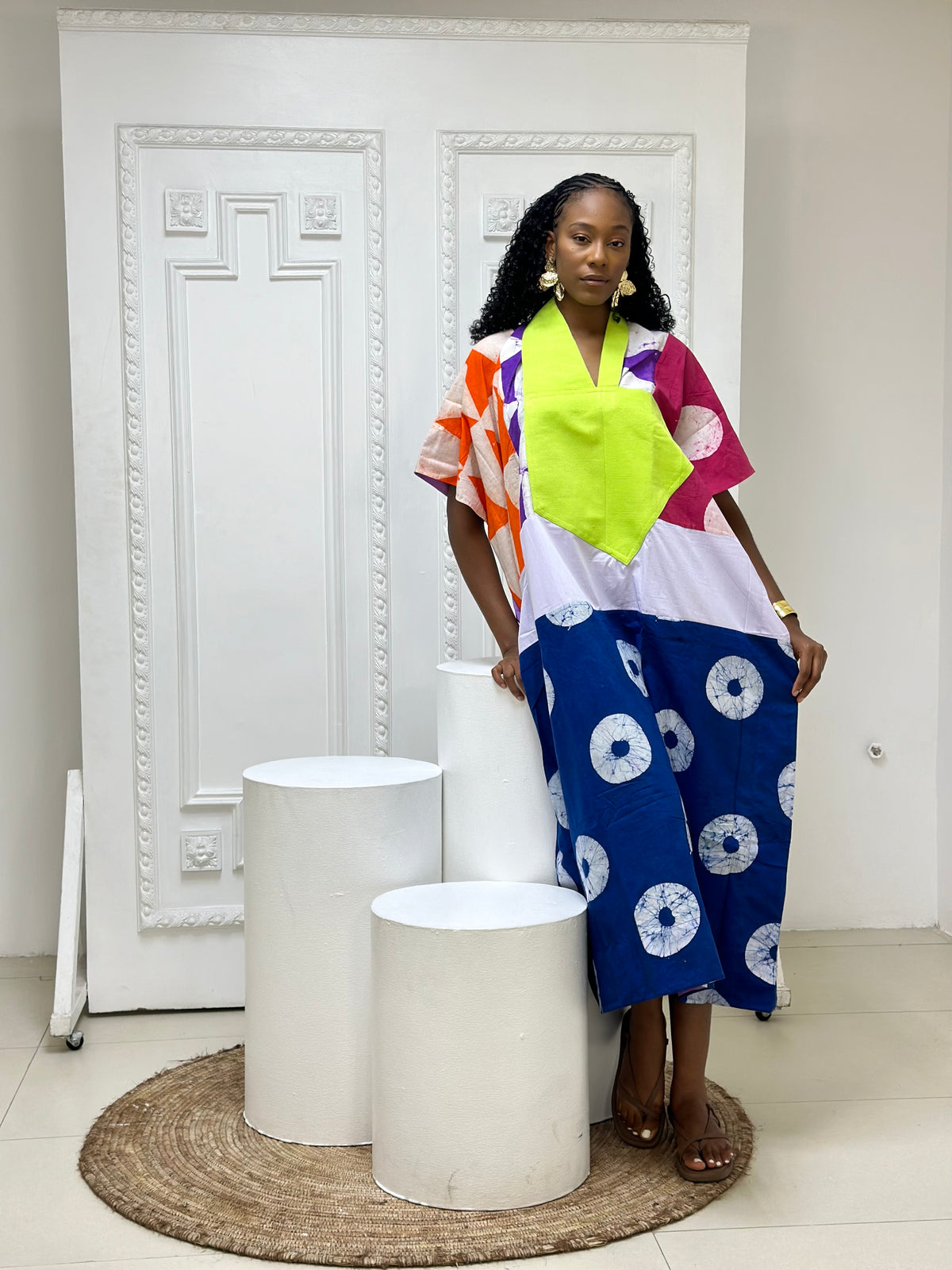 lilac and white multicolour midi agbada with yellow asooke collar 