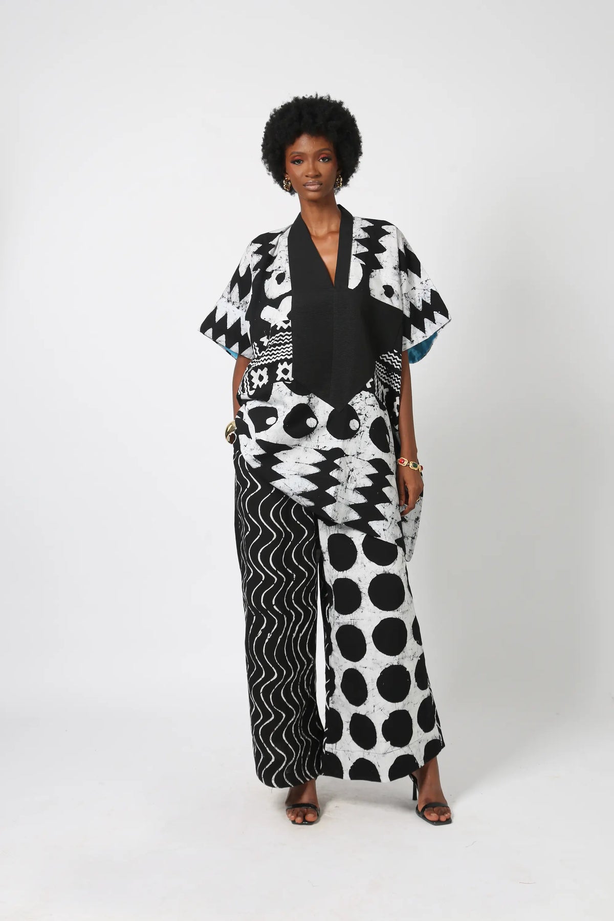 black and white multiprint agbada with asooke collar