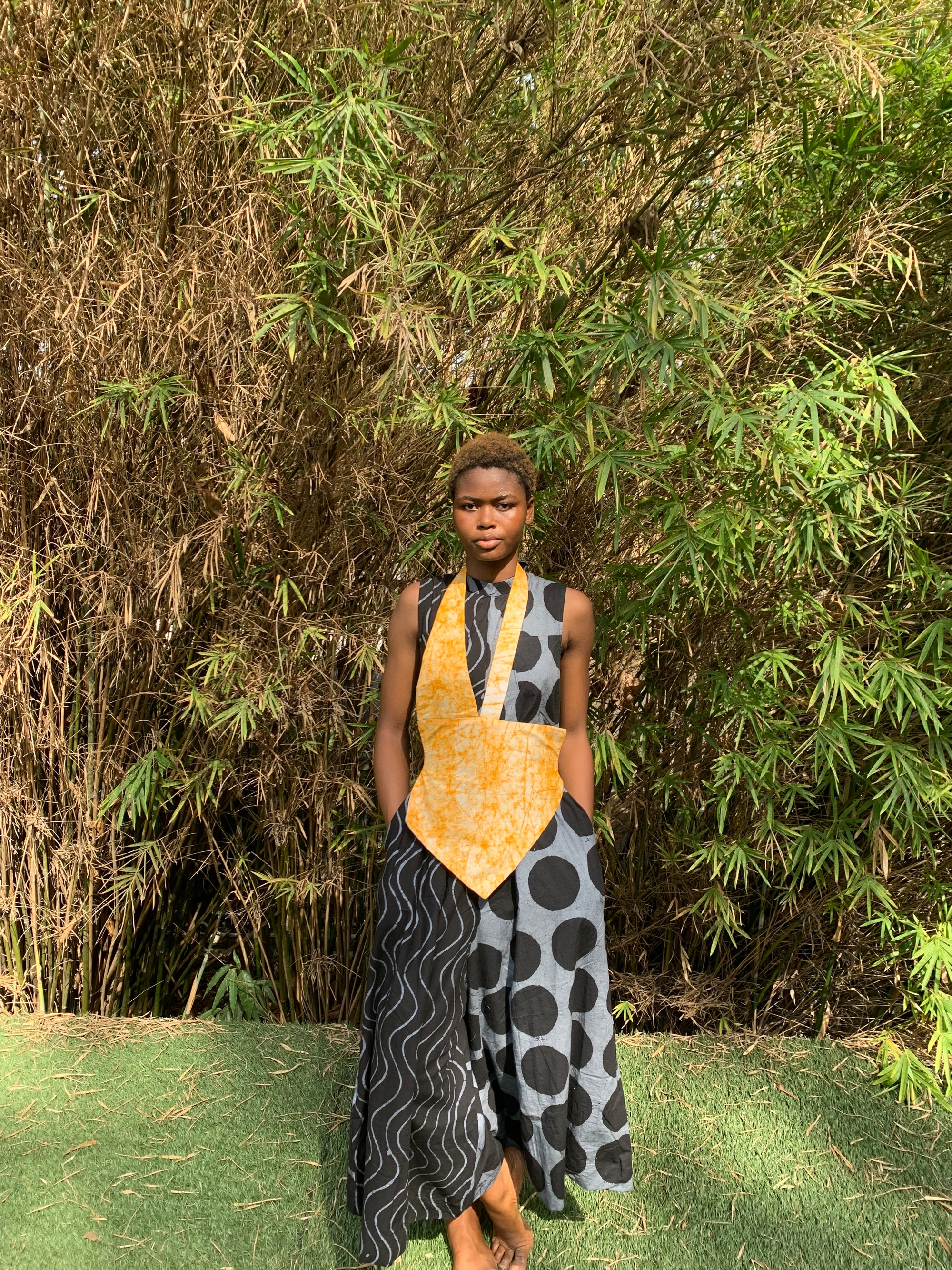grey and black thin stripe and polka multiprint jumpsuit