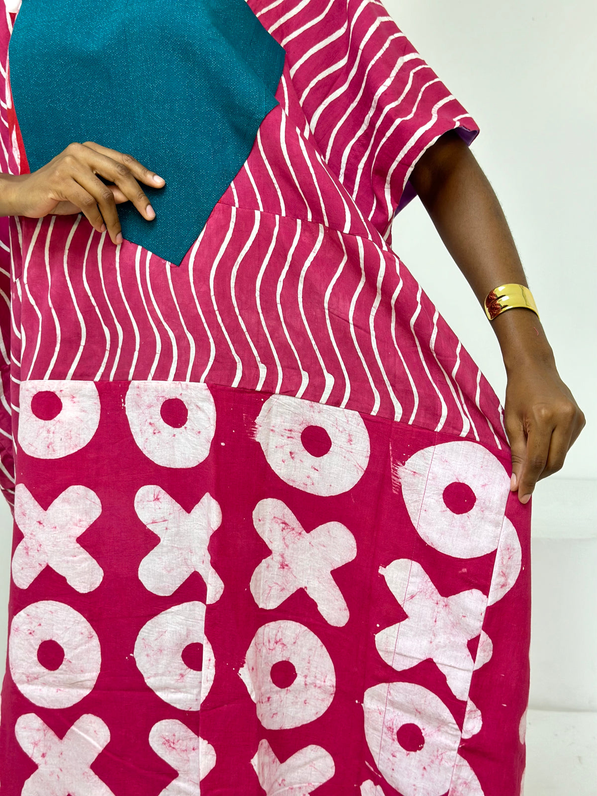 pink and white multiprint agbada with shimmer green asooke collar 