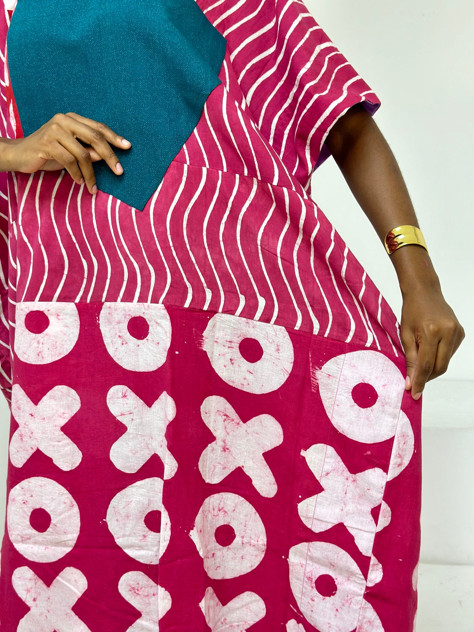 pink and white multiprint agbada with shimmer green asooke collar 