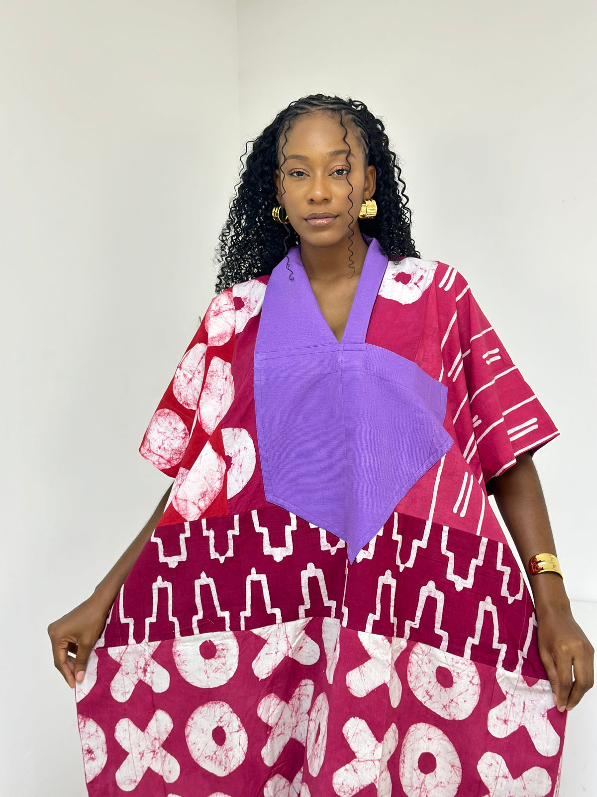 pink and white multiprint agbada with lilac asooke collar 