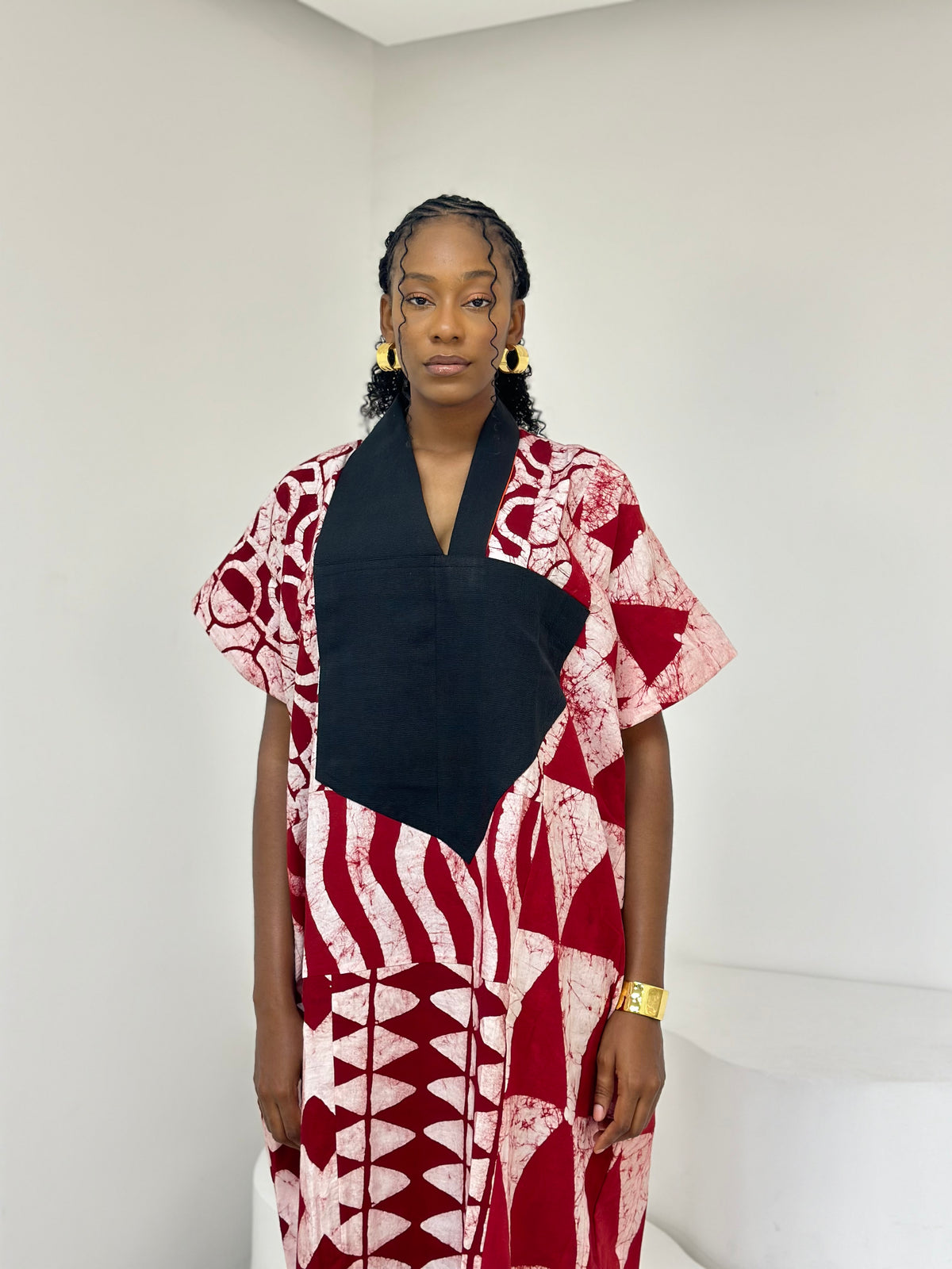 red and white multiprint agbada with black asooke collar 