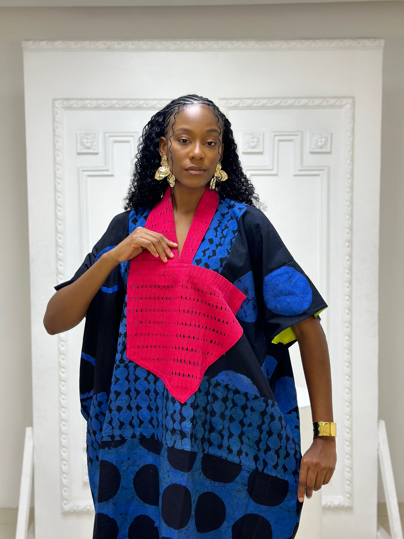 blue and black multiprint midi agbada with pink asooke collar 