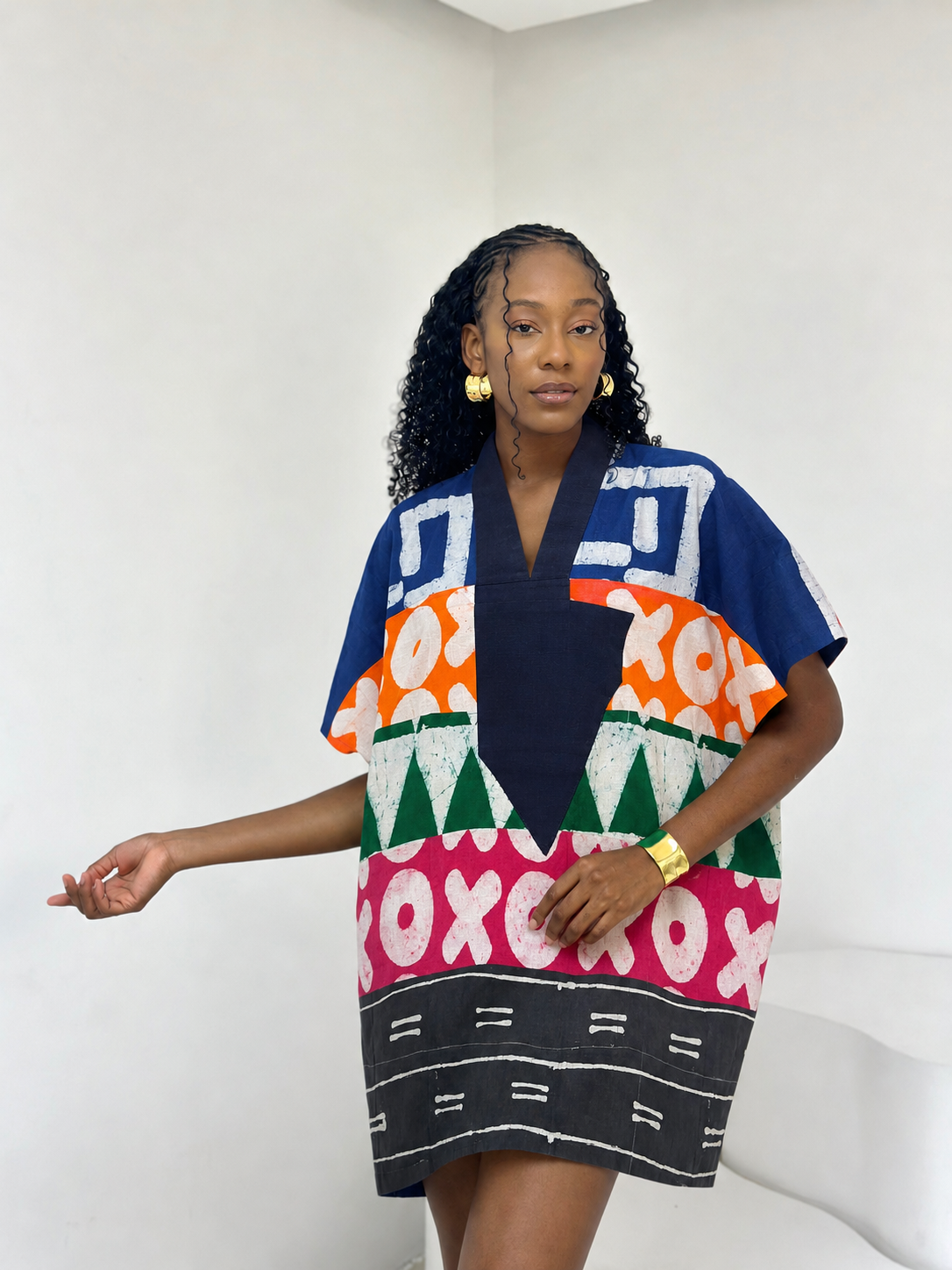 blue and white multicoloured mini agbada with asooke collar