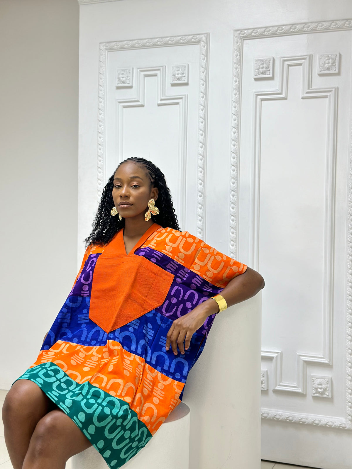 tribal multicolour mini agbada with orange asooke collar 