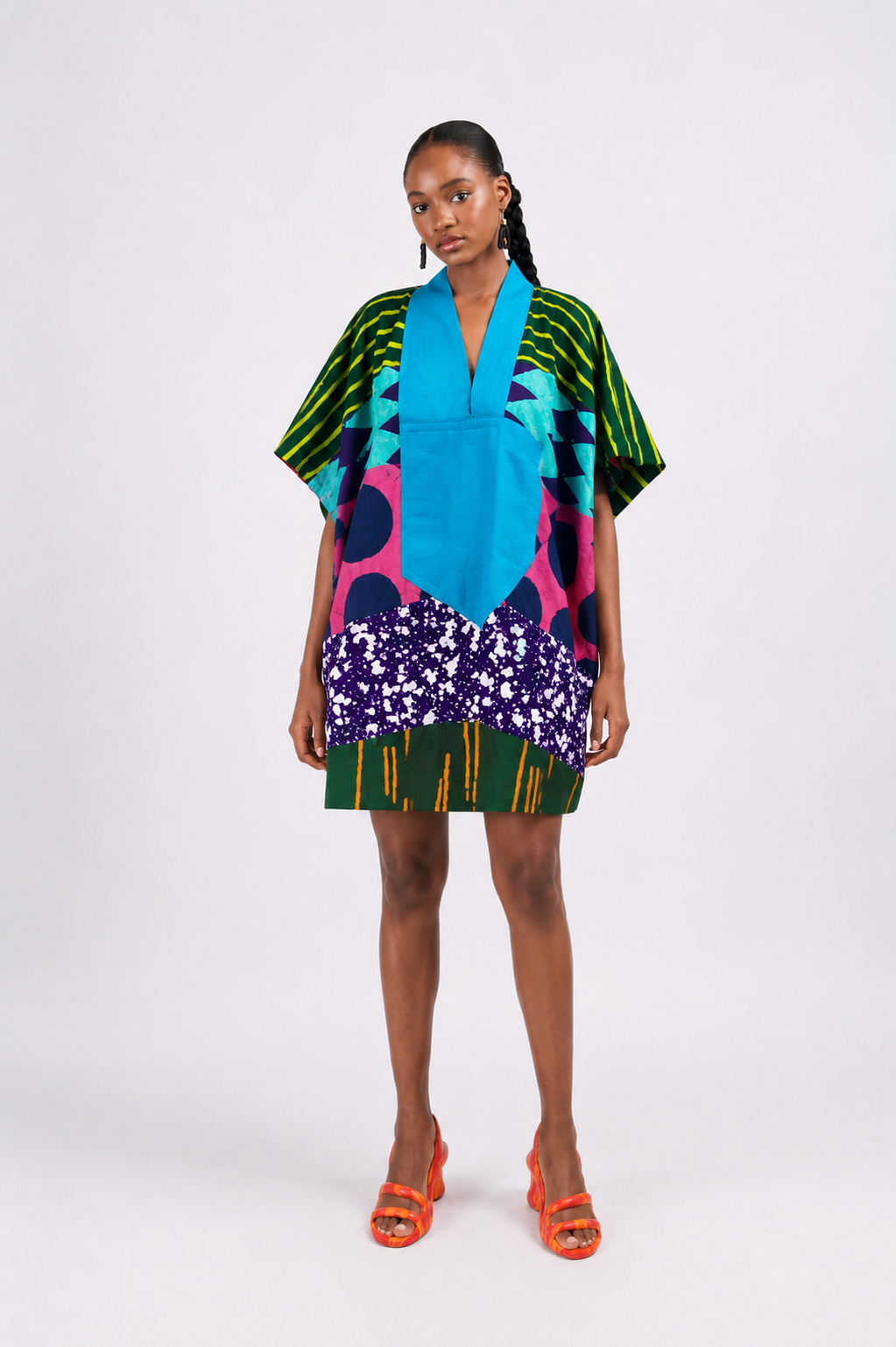 green and yellow multicolour mini agbada with blue asooke