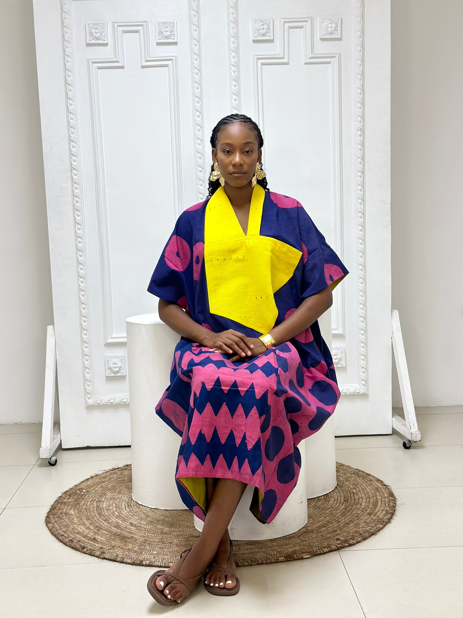 blue and pink multiprint agbada with asooke collar