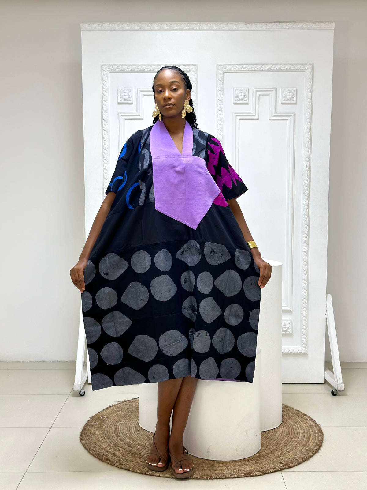 grey and black multicolour midi agbada with lilac asooke collar 