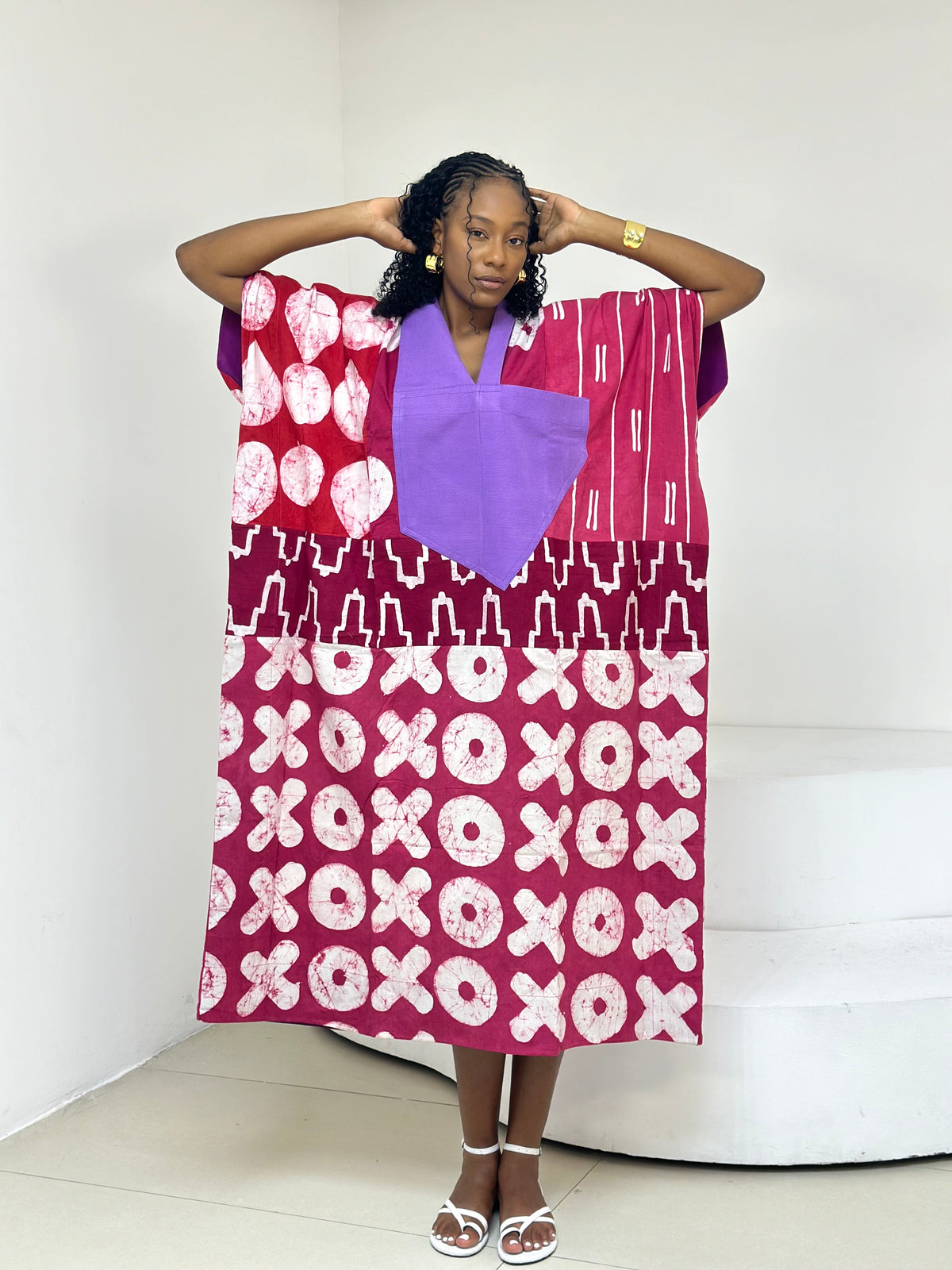 pink and white multiprint agbada with lilac asooke collar 