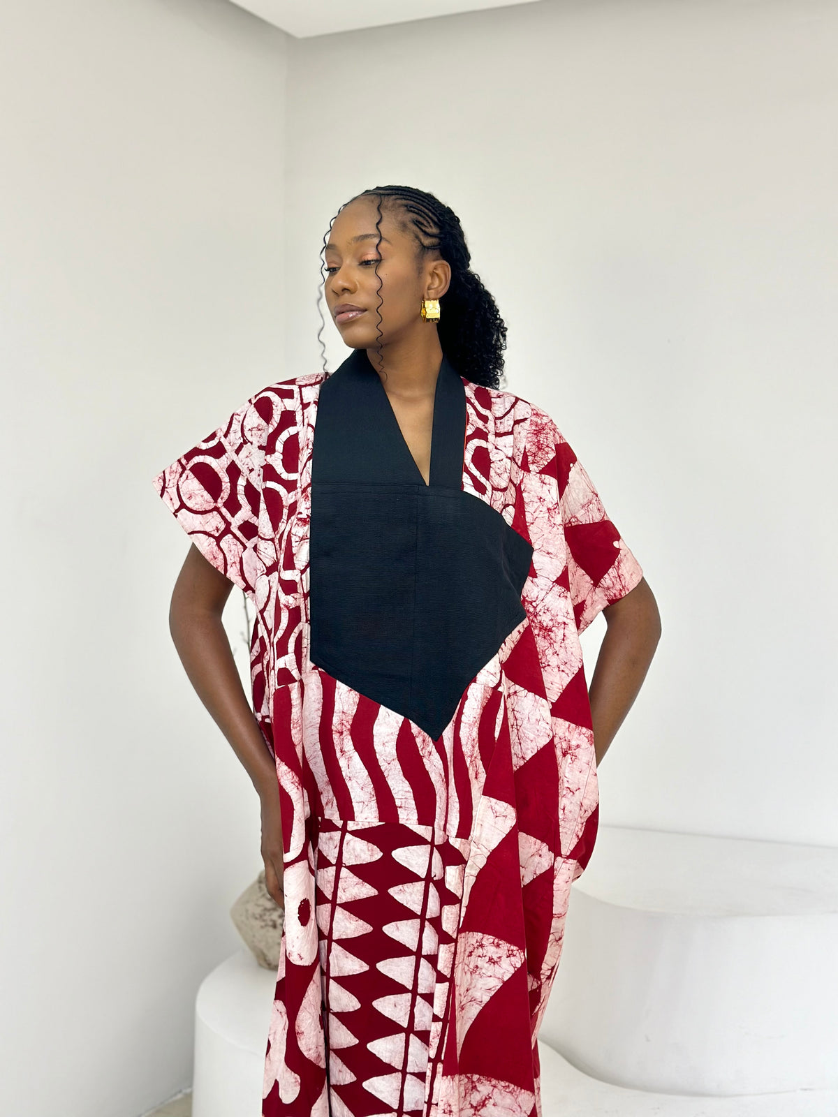 red and white multiprint agbada with black asooke collar 