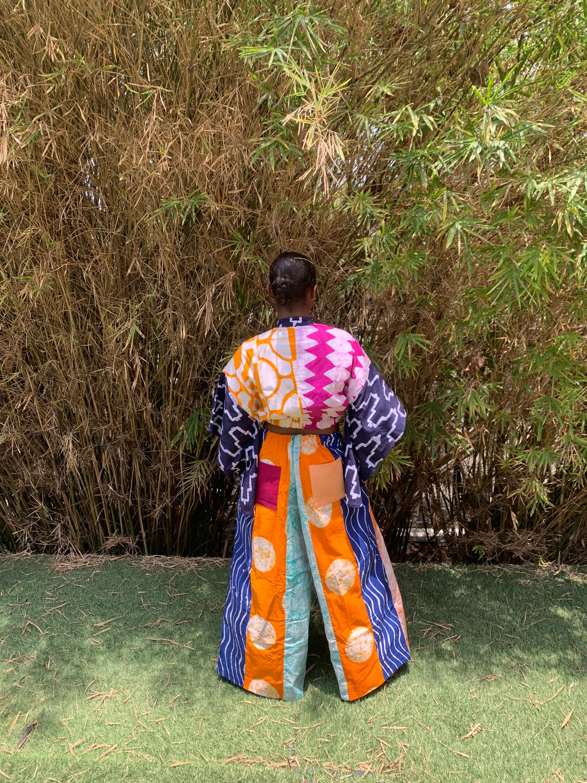 magenta zigzag and orange multicolour crop top with navy blue sleeves