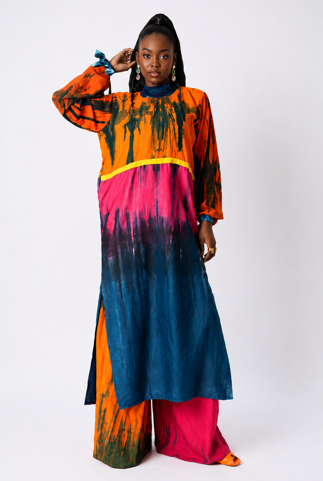 orange and teal multicolour slip dress with asooke outline