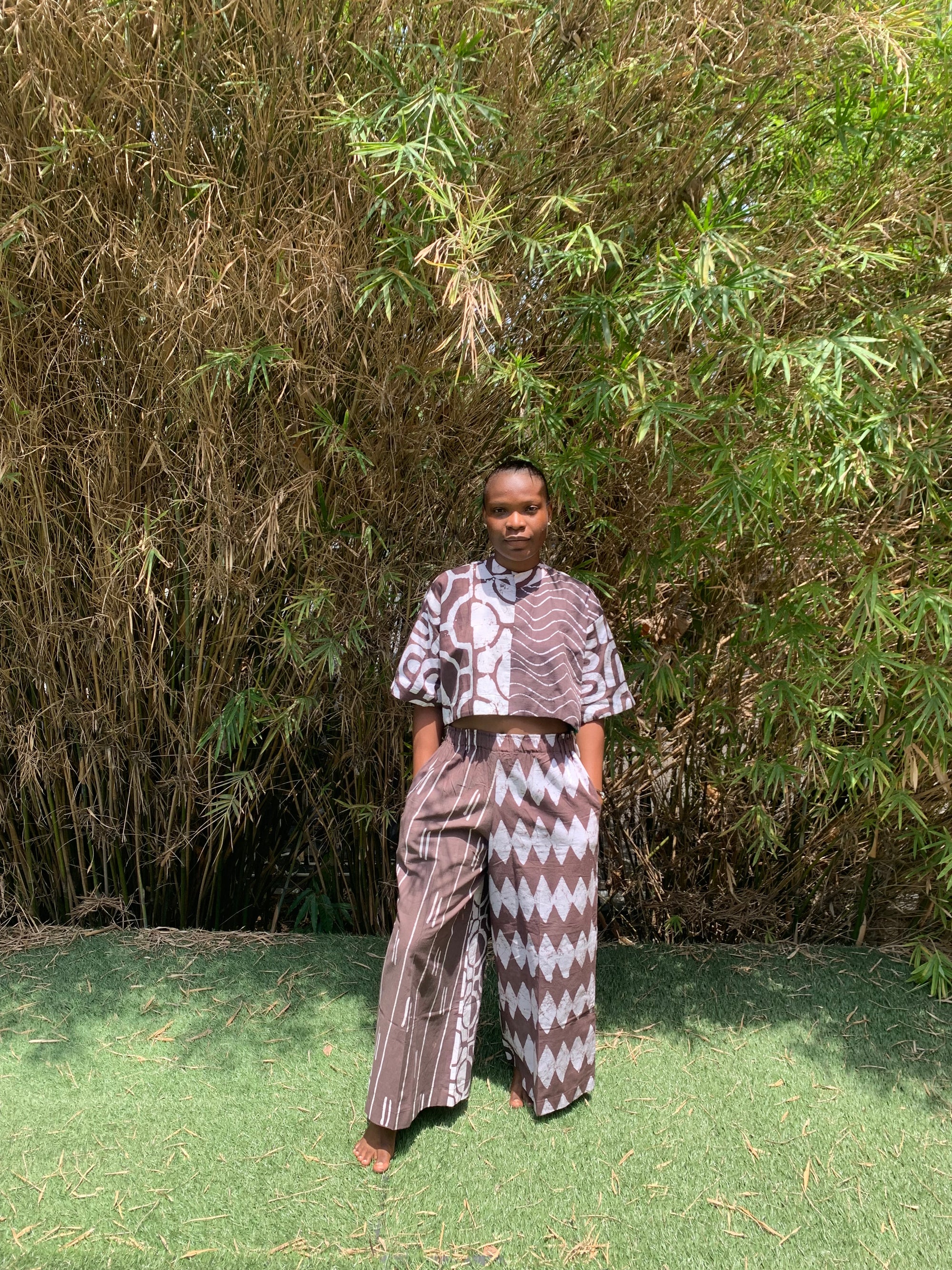 brown and white thin stripe multiprint crop shirt