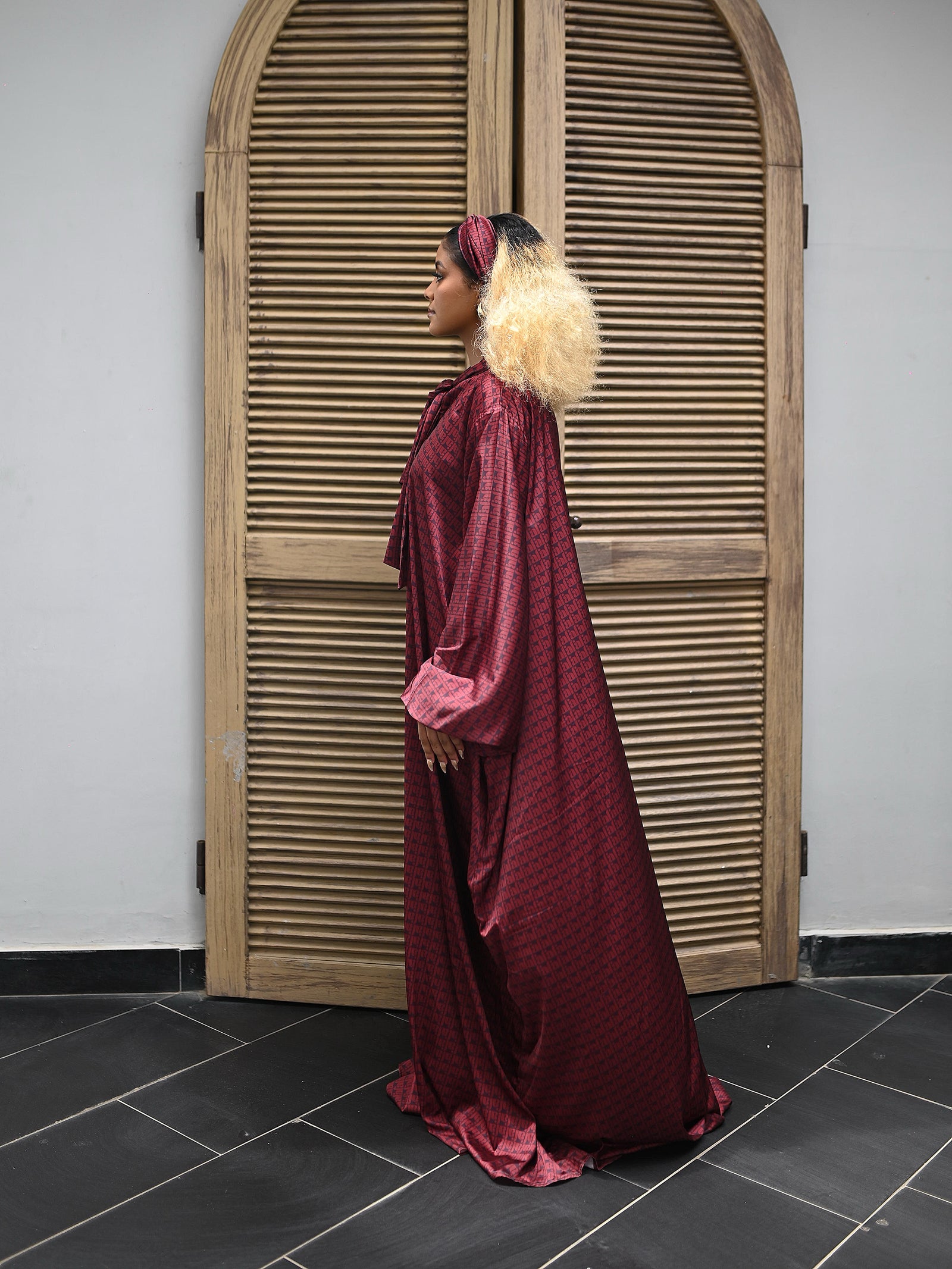 FA BURGUNDY TEXTURED SILK KAFTAN