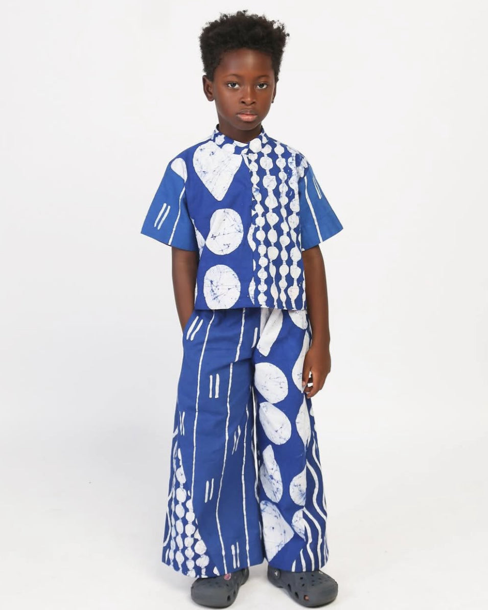 blue and white xo and stripe multiprint kids culottes