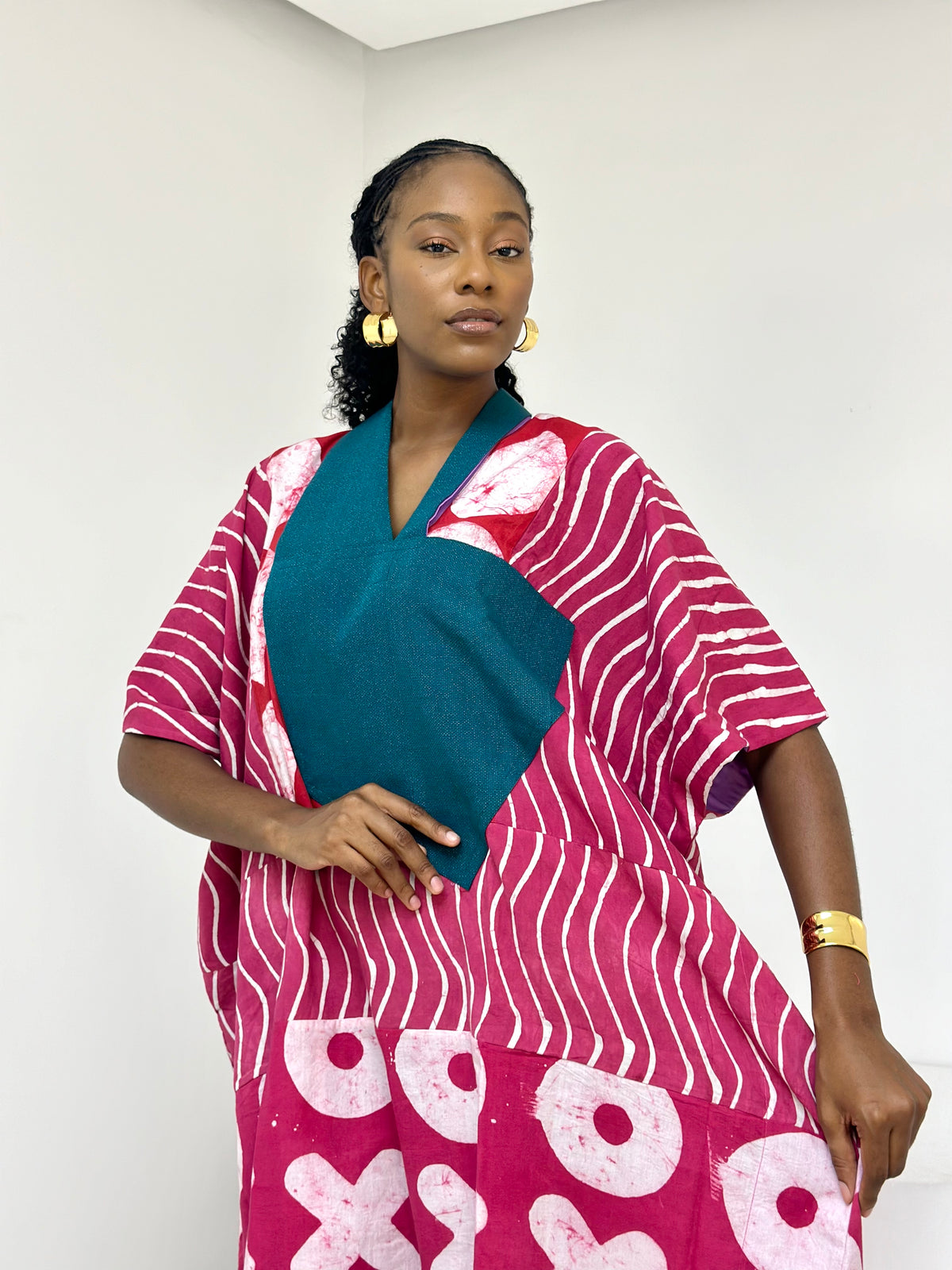 pink and white multiprint agbada with shimmer green asooke collar 
