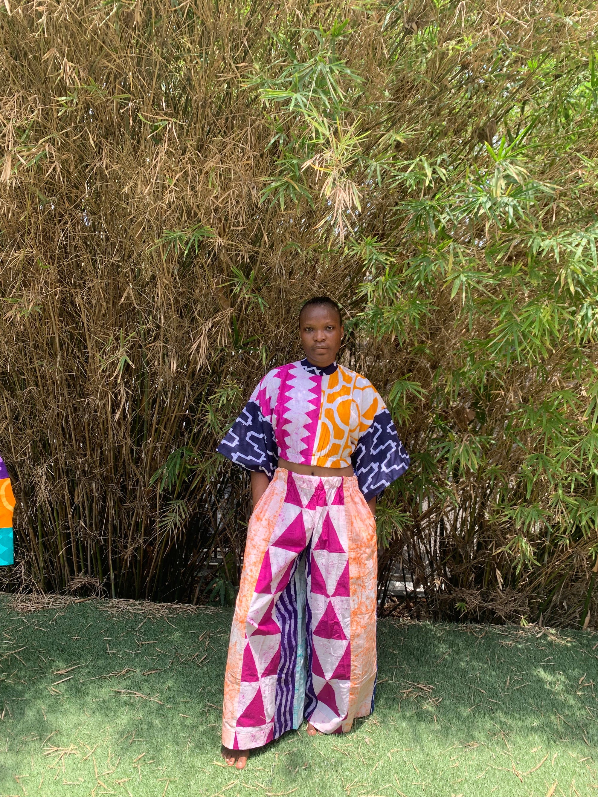 magenta zigzag and orange multicolour crop top with navy blue sleeves