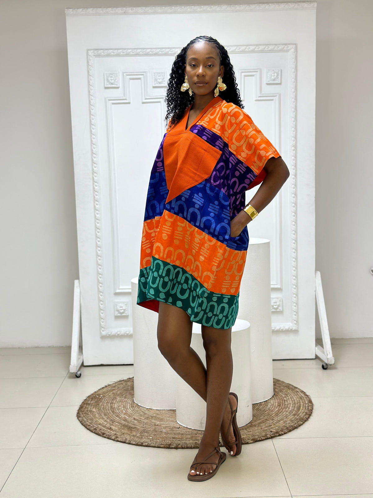 tribal multicolour mini agbada with orange asooke collar 