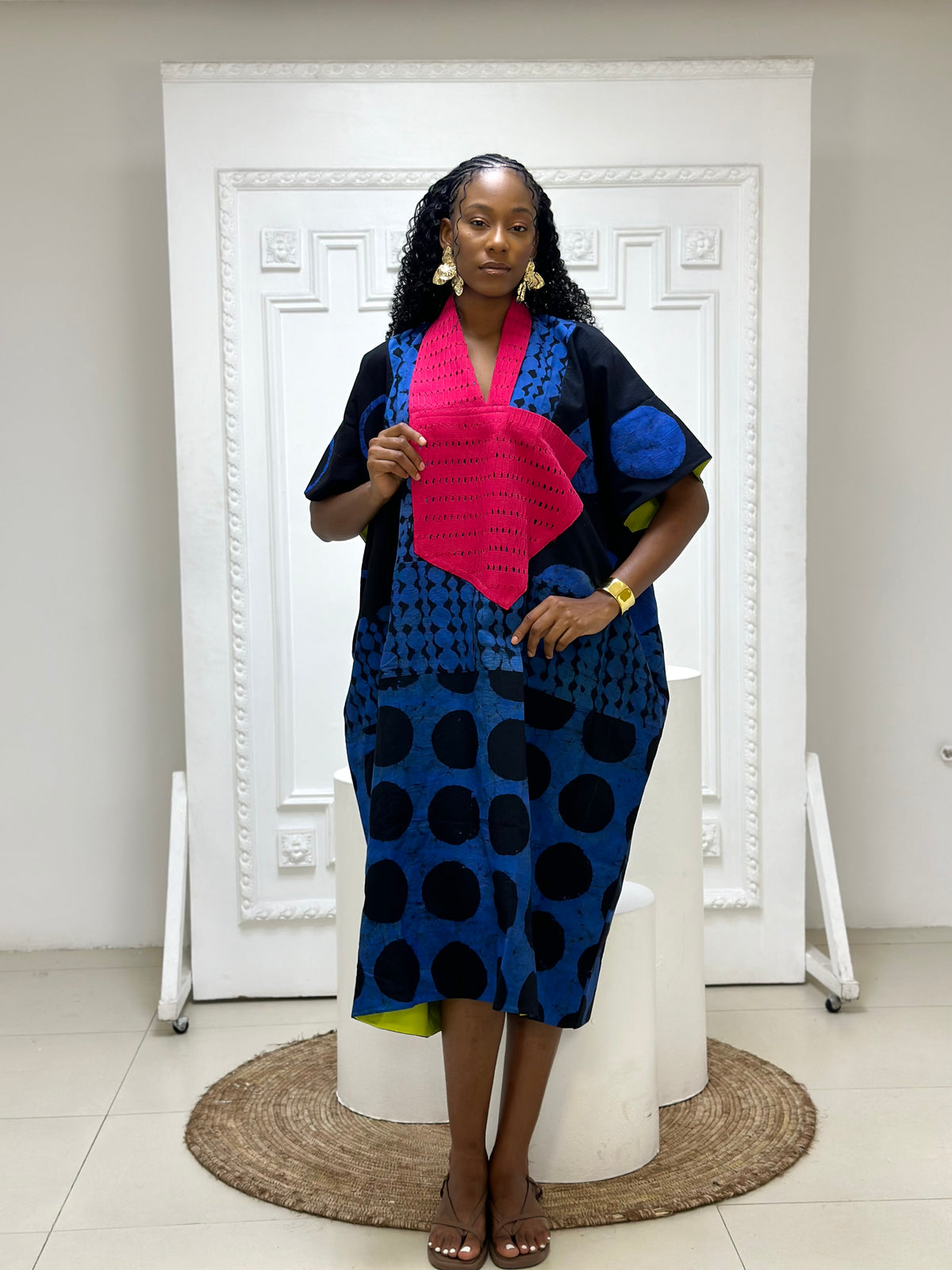 blue and black multiprint midi agbada with pink asooke collar 