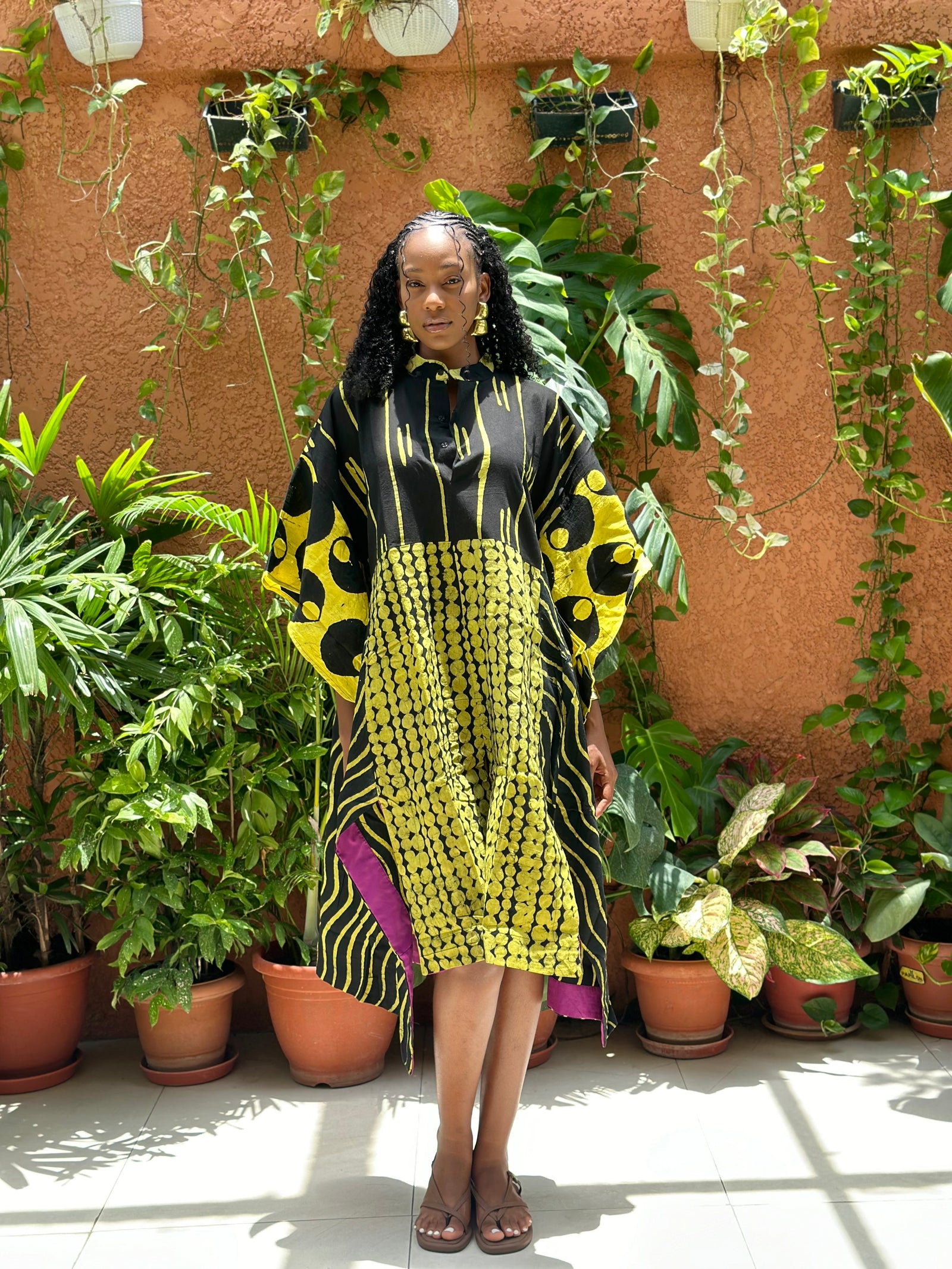 yellow and black multiprint shirt dress 