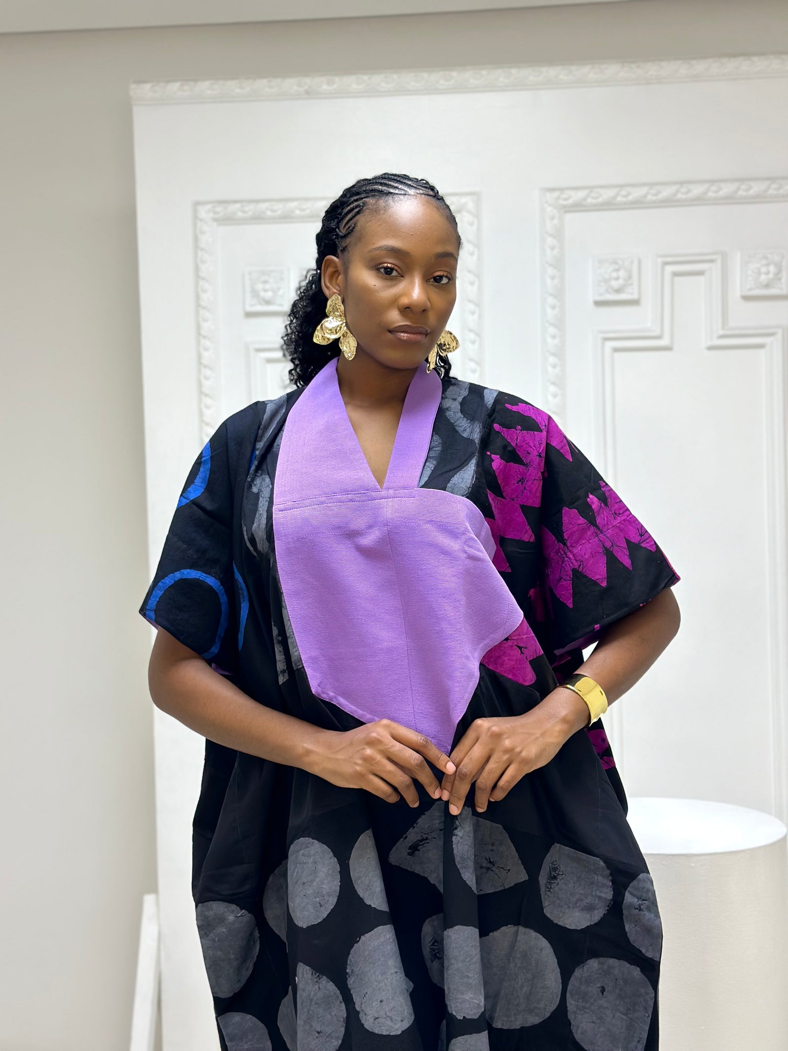 grey and black multicolour midi agbada with lilac asooke collar 