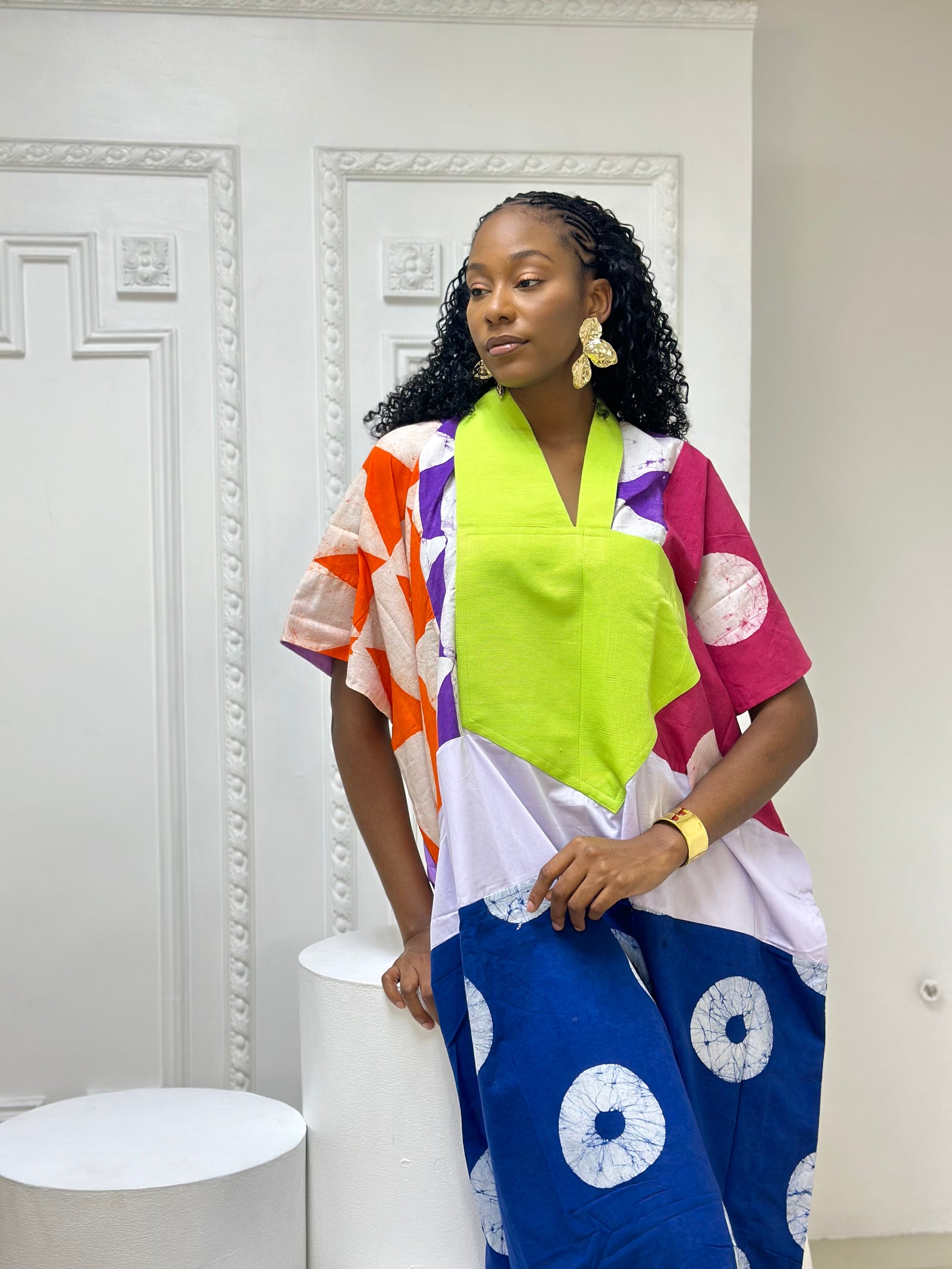 lilac and white multicolour midi agbada with yellow asooke collar 