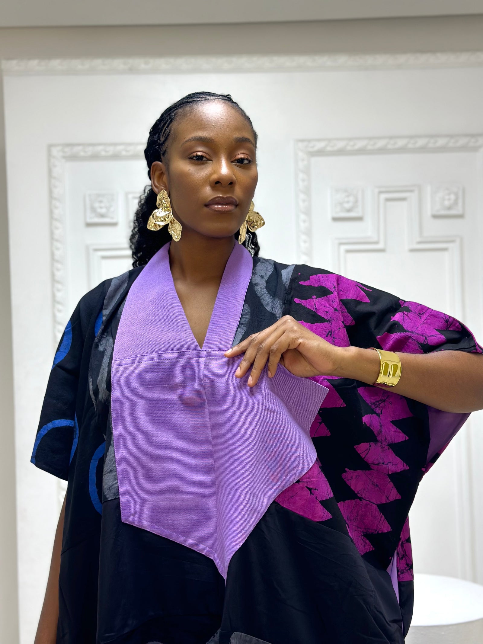 grey and black multicolour midi agbada with lilac asooke collar 