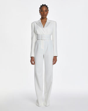 AMAAL CRYSTAL COLLAR JUMPSUIT in White