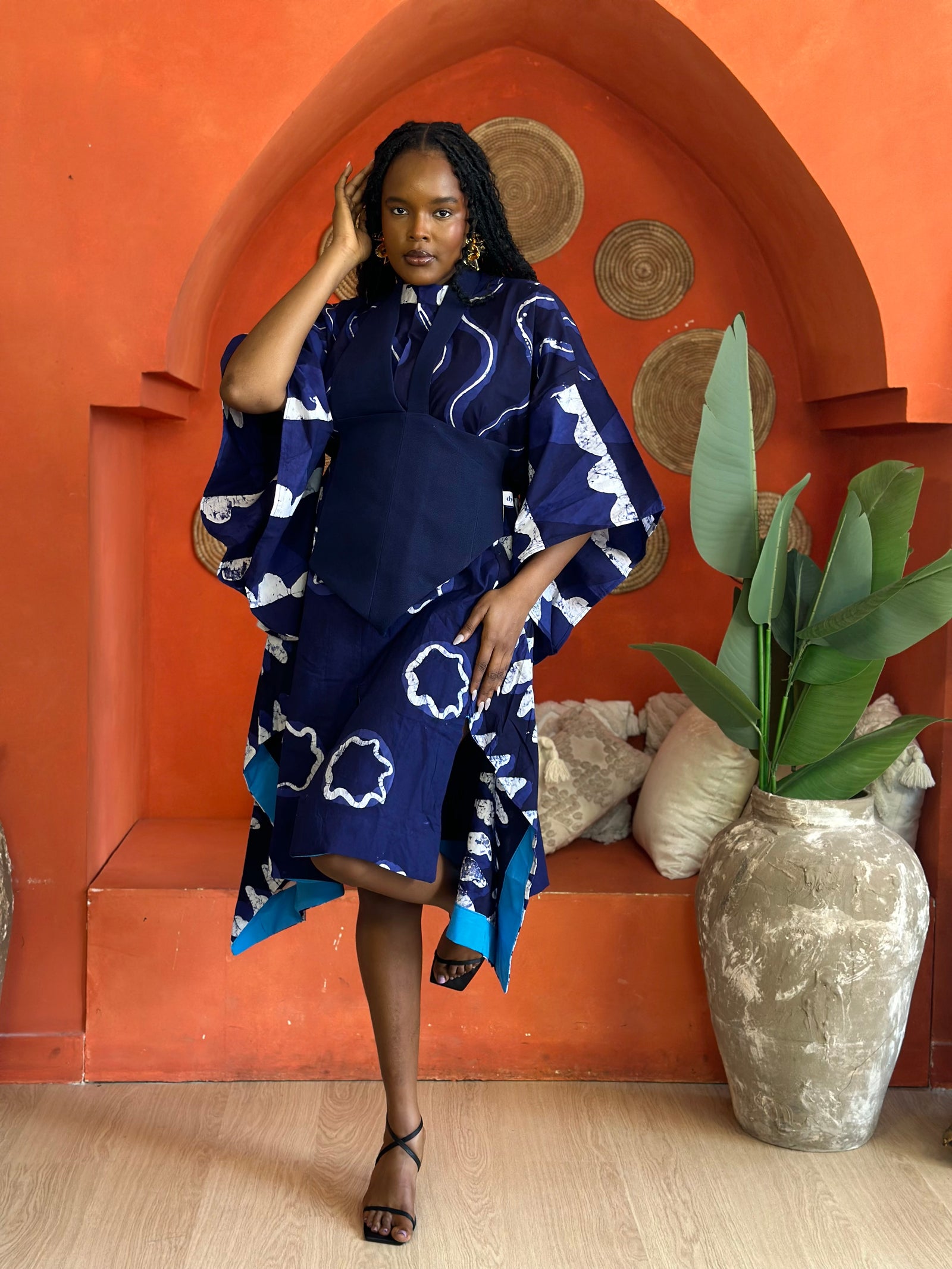 white and navy blue multiprint shirt dress