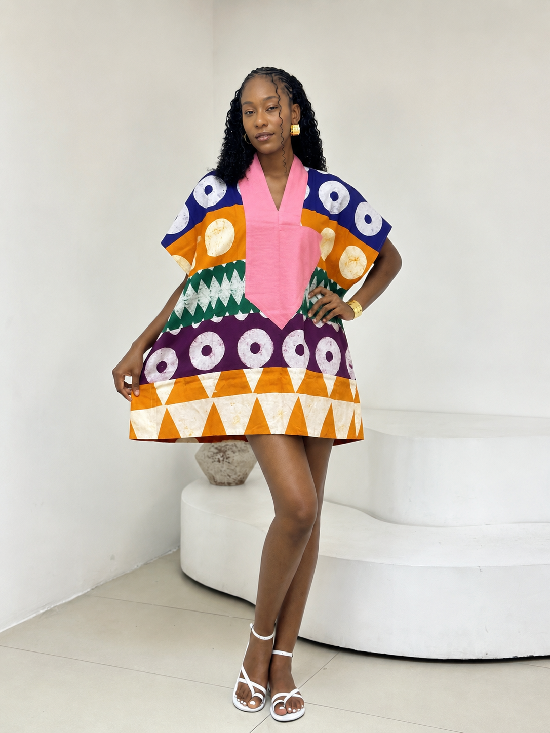 blue and white circle multicolour mini agbada with light pink asooke