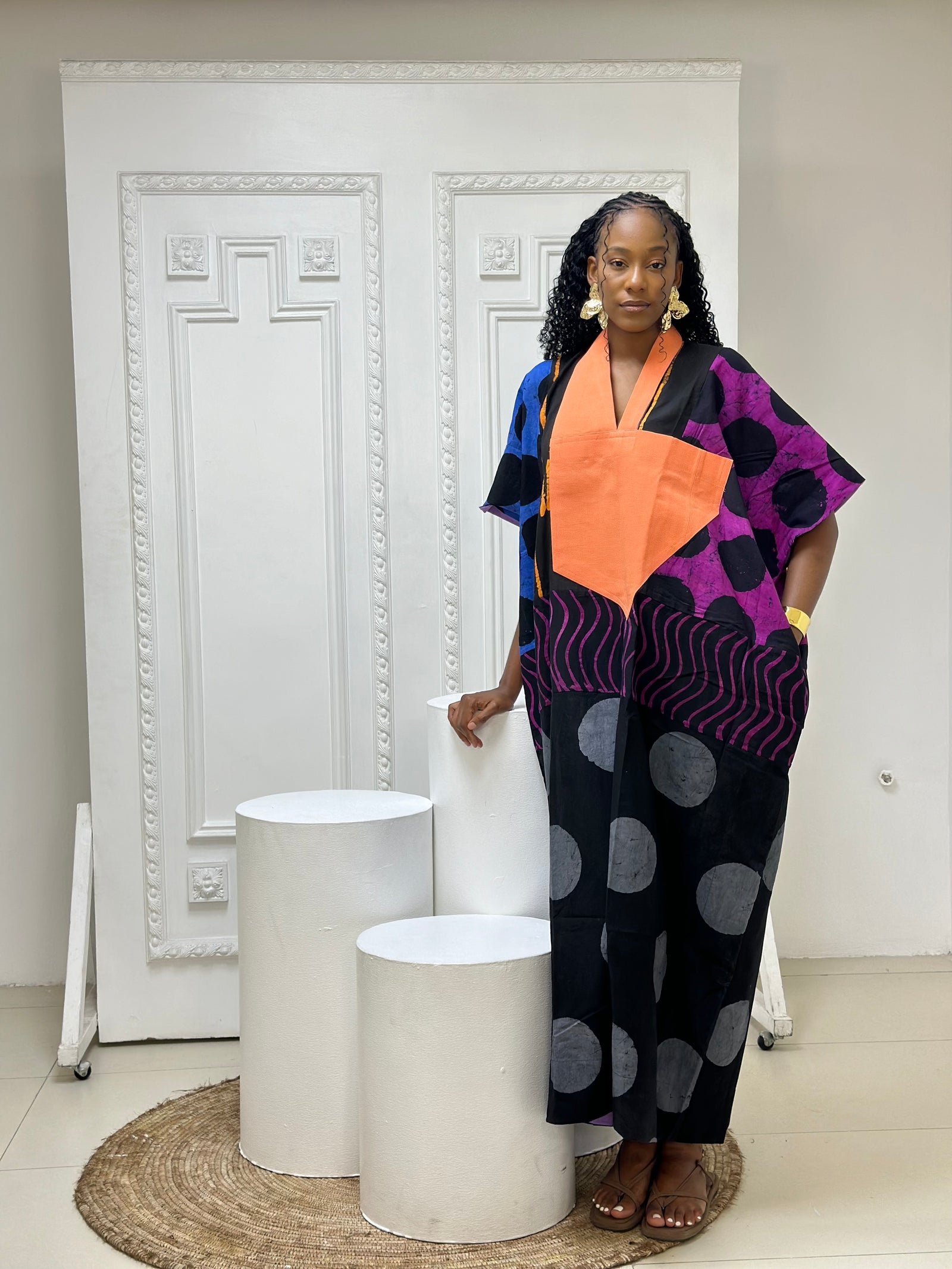 blue and black multicolour agbada with peach asooke 