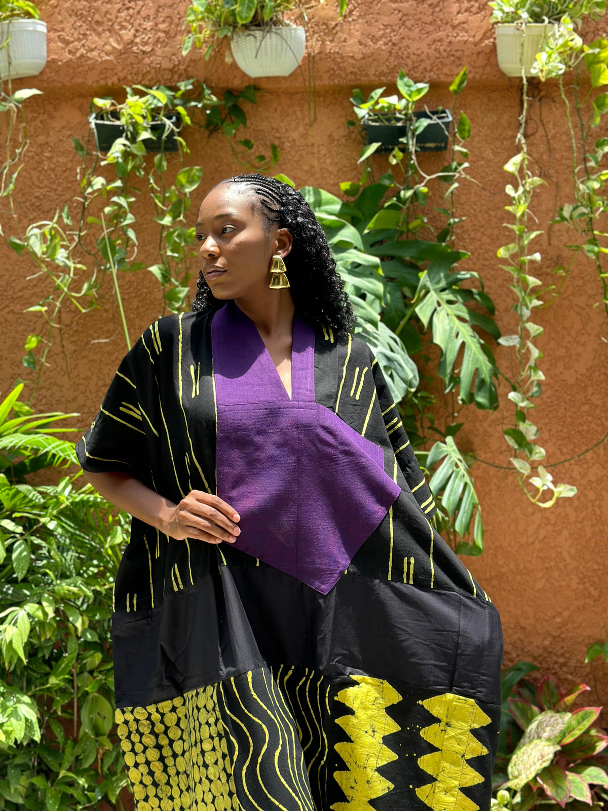 yellow and purple multiprint agbada with purple asooke 