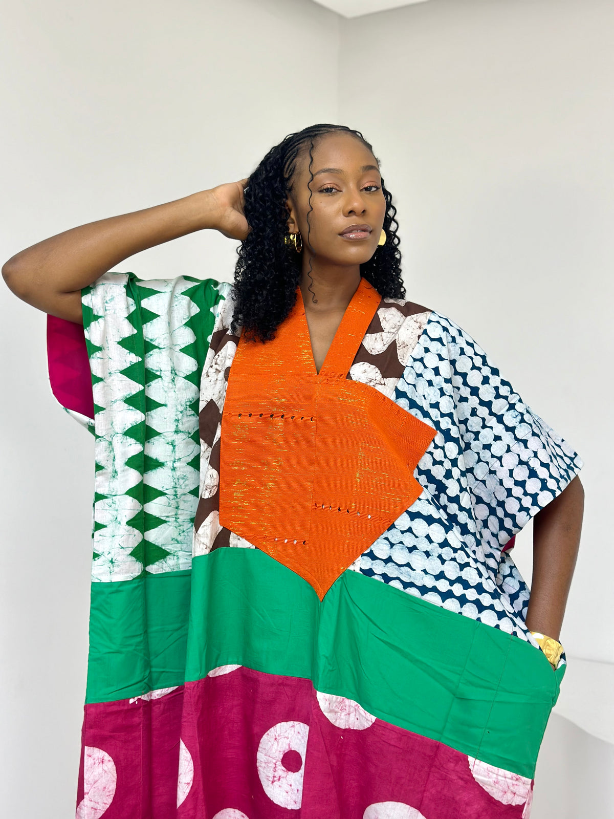 brown and white multicolour agbada with orange asooke collar