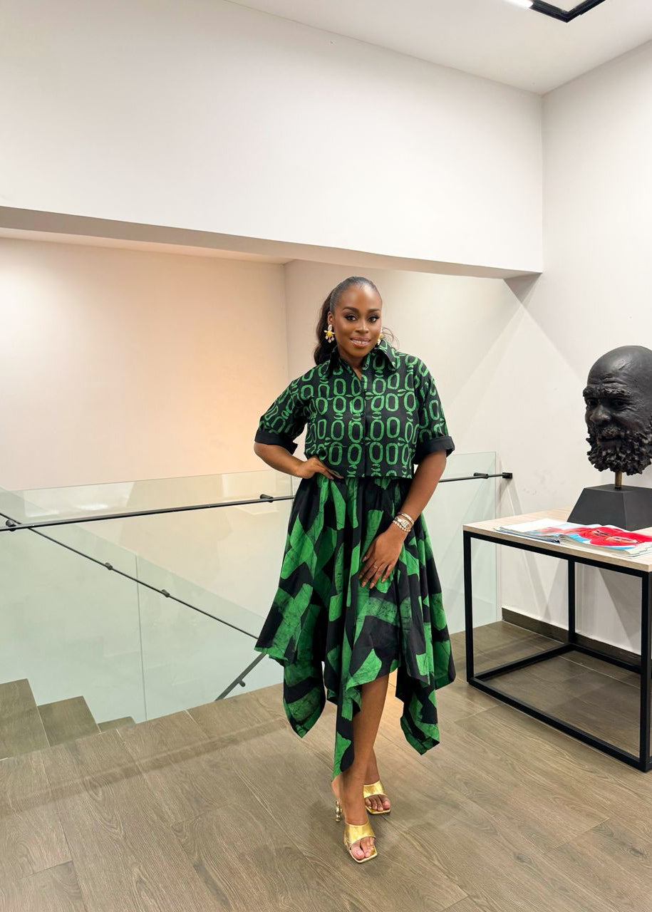 OH OH GREEN AND BLACK WITH ABSTRACT GREEN BUTTERFLY SKIRT