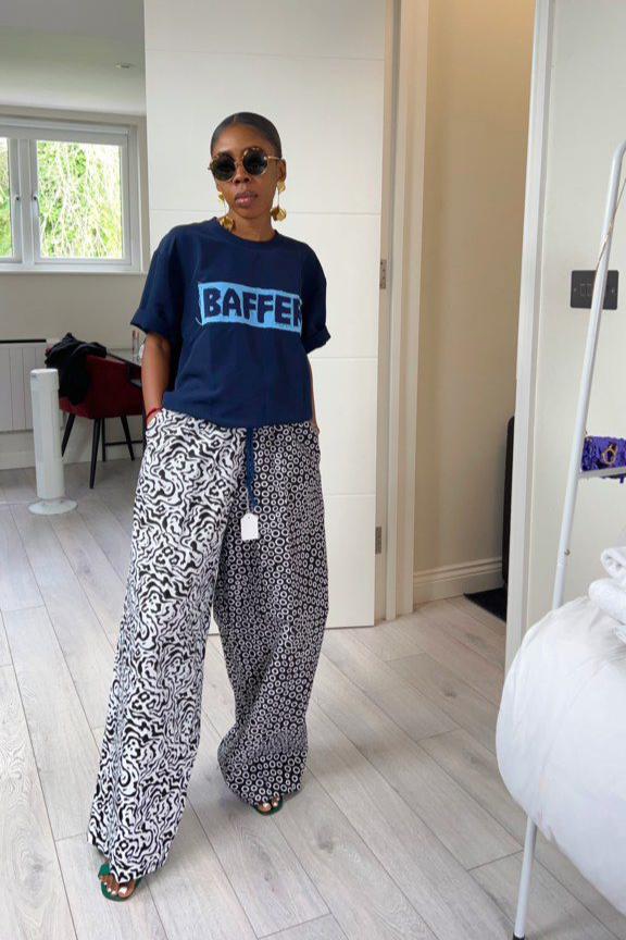 CONTRAST PRINT COTTON WIDE PANTS