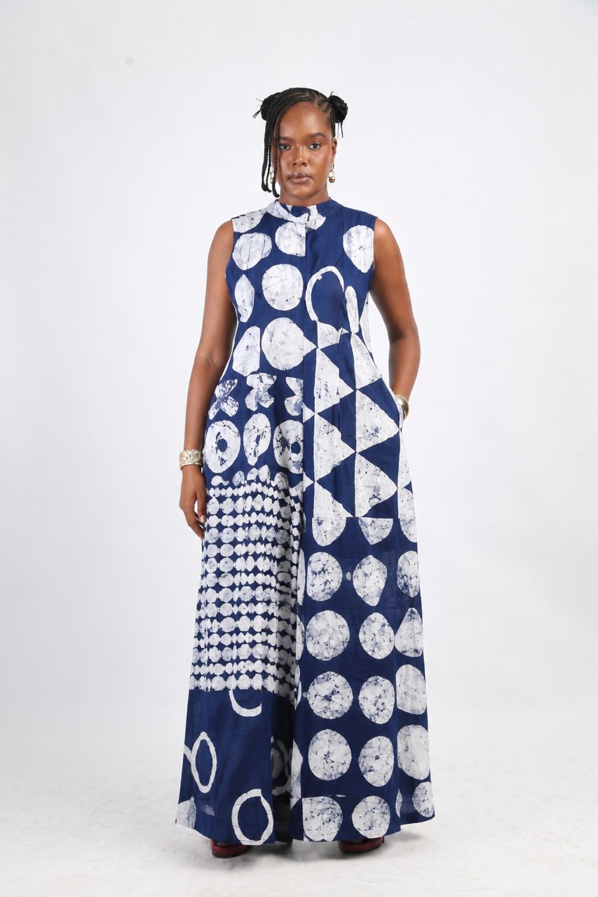 blue and white multiprint jumpsuit