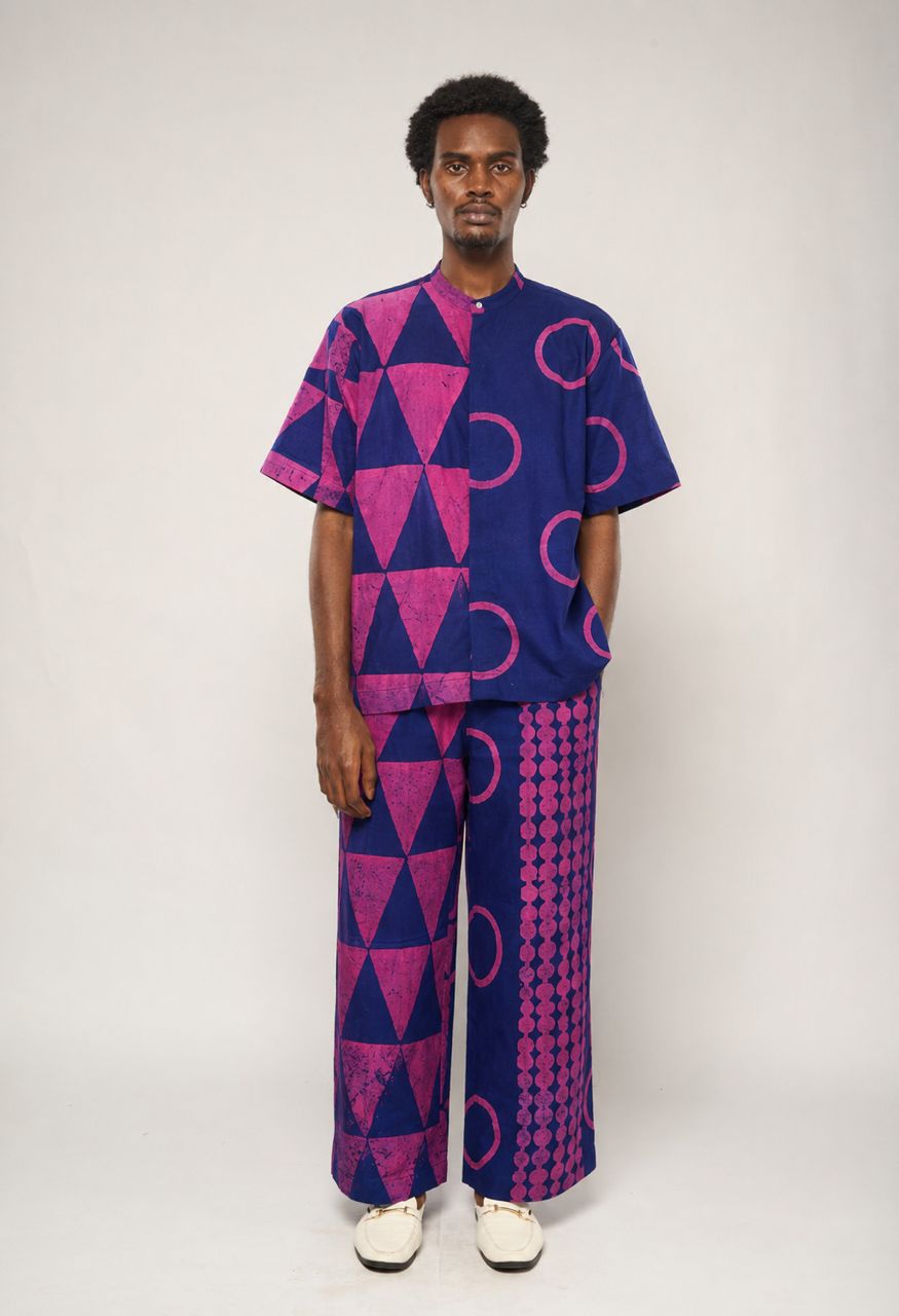 pink and blue multiprint barrel pants